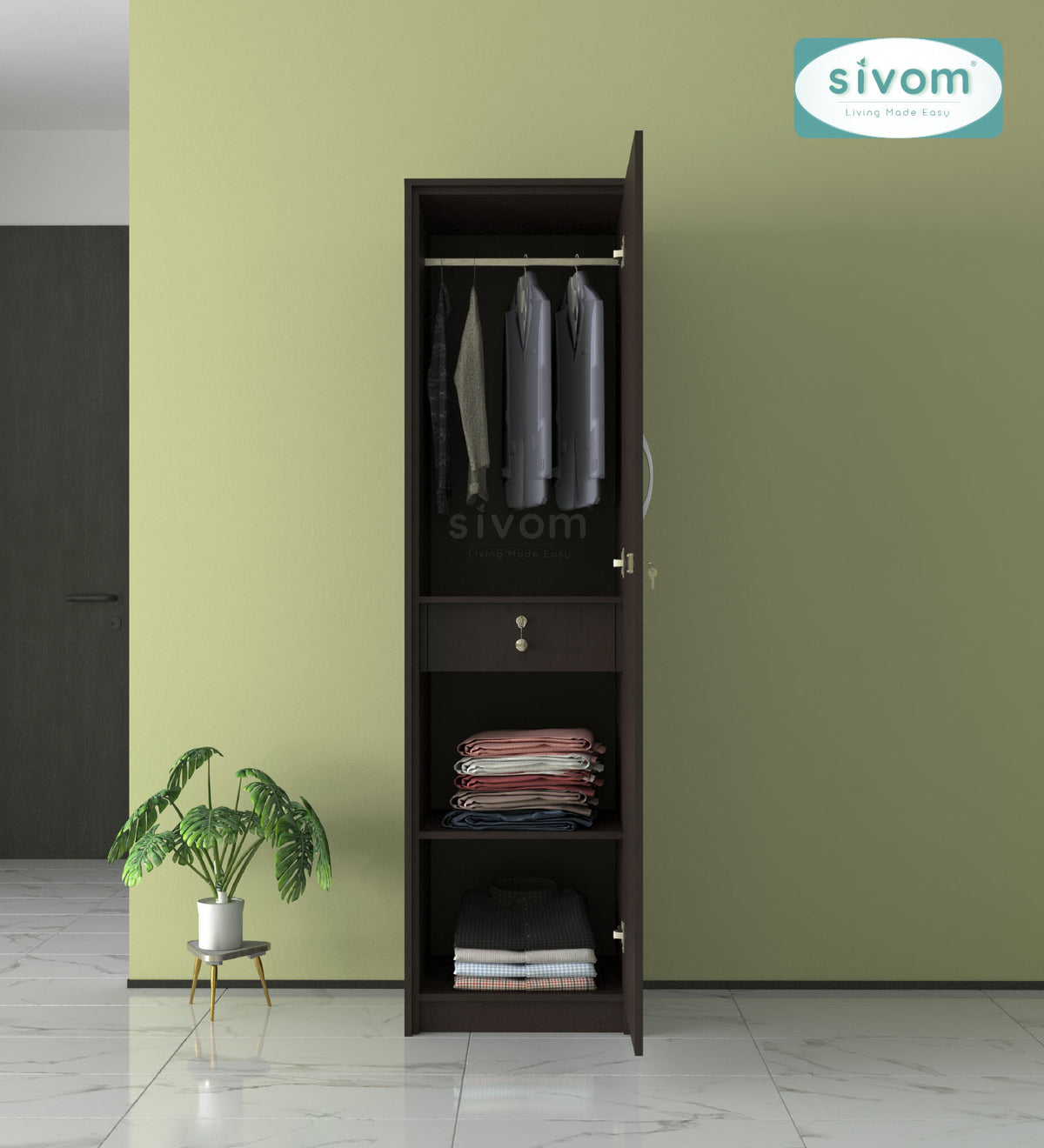 SIVOM Alicent Multipurpose 1 Door Wardrobe Engineered Wood 1 Door Wardrobe for Modern Homes | Elegant Design & Premium Finish