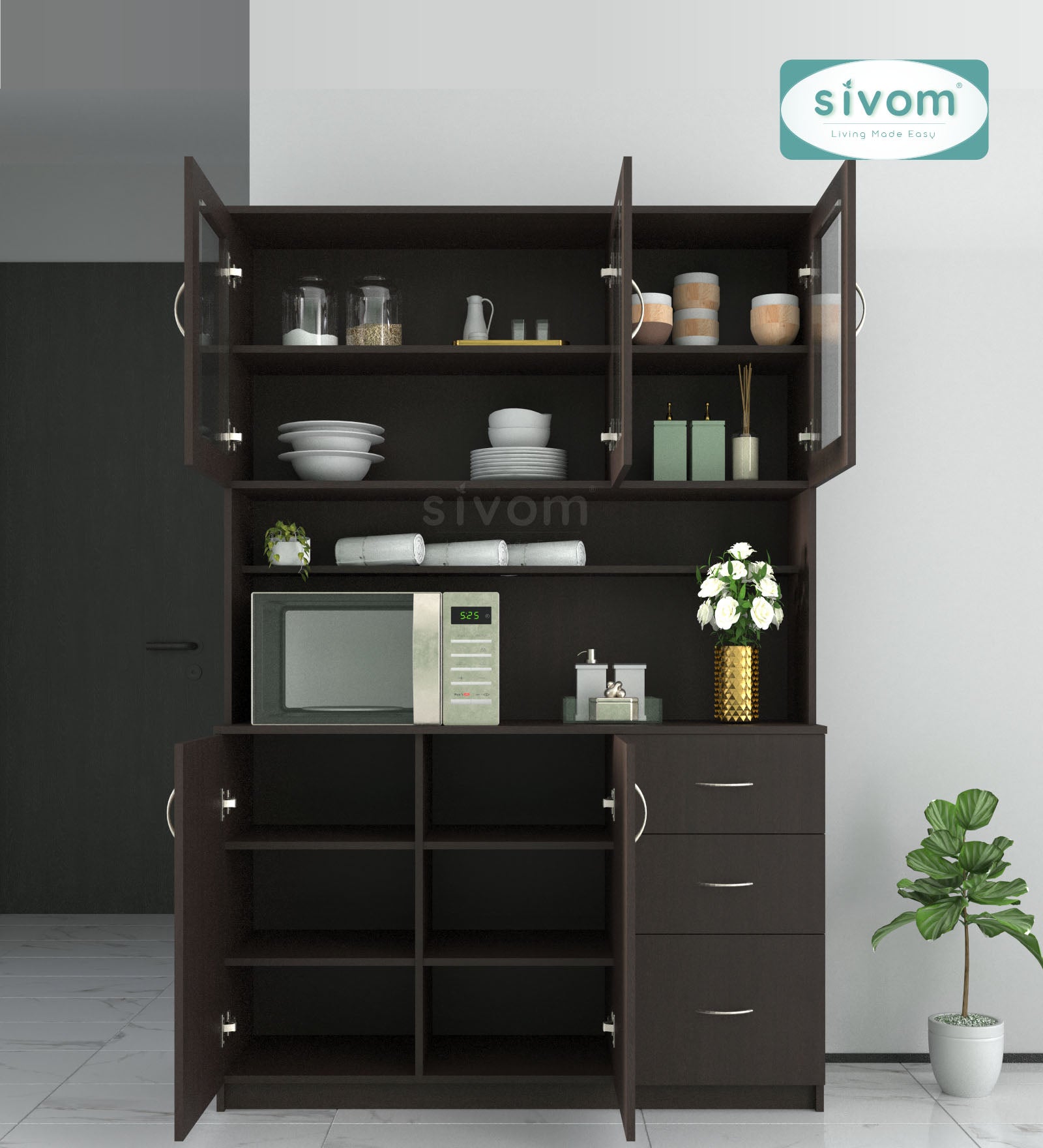 SIVOM Arya Crockery Engineered Wood Unit for Modern Homes | Elegant Design & Premium Finish