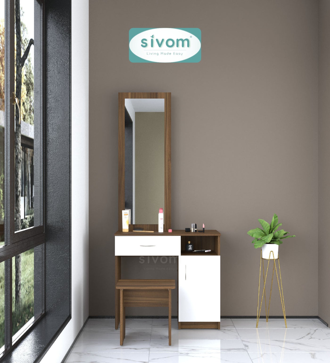 SIVOM Austin Dressing Table with Stool Engineered Wood Dressing Table for Modern Homes | Elegant Design & Premium Finish