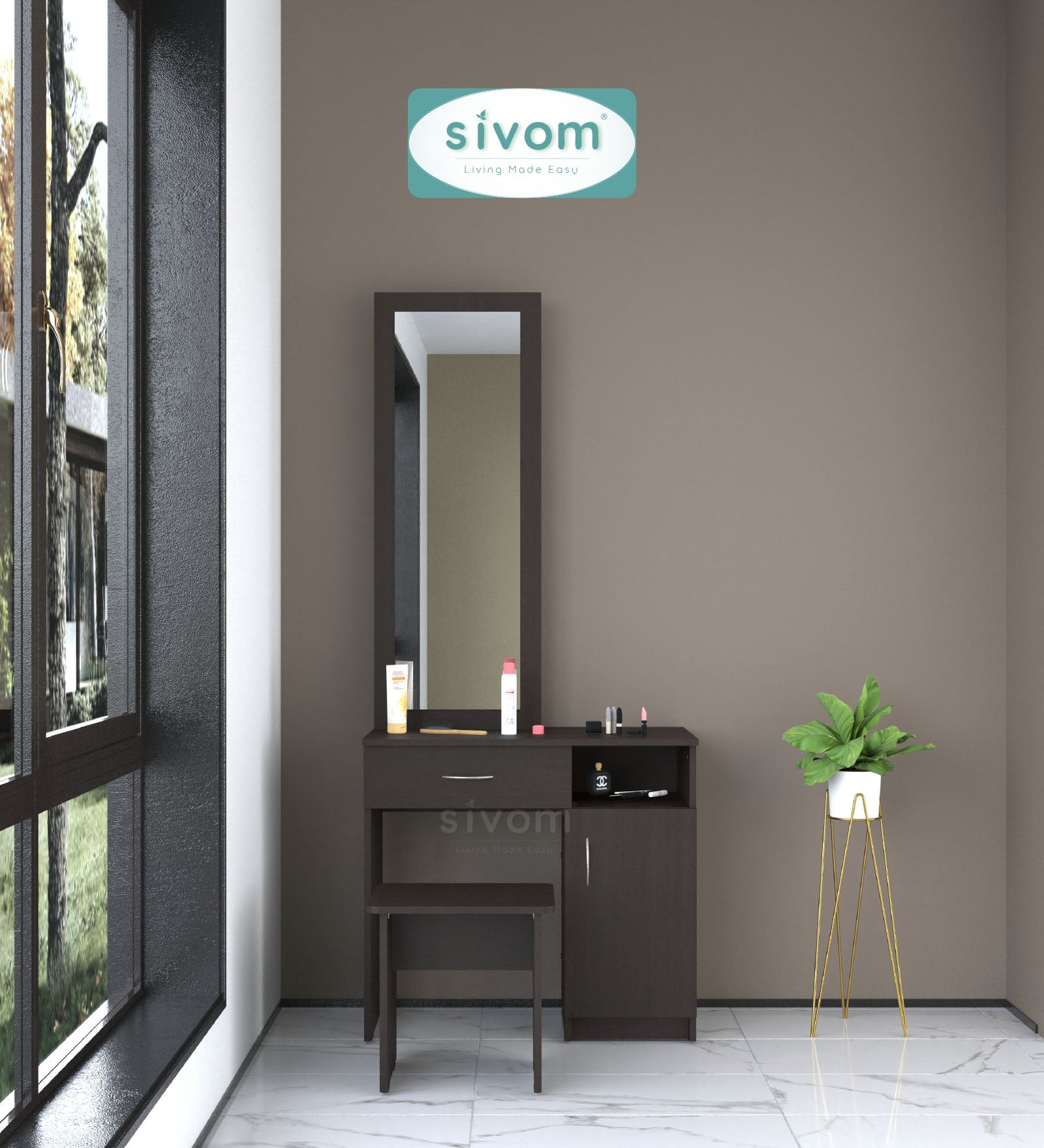 Sivom SIVOM Austin Dressing Table with Stool Engineered Wood Dressing Table for Modern Homes | Elegant Design & Premium Finish