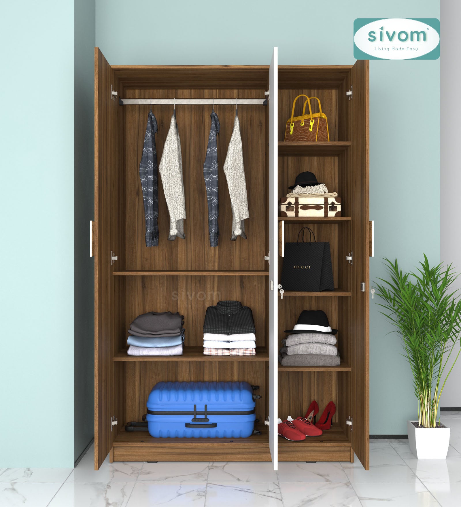Sivom SIVOM Avant Multipurpose 3 Door Closet Engineered Wood 3 Door Wardrobe for Modern Homes | Elegant Design & Premium Finish