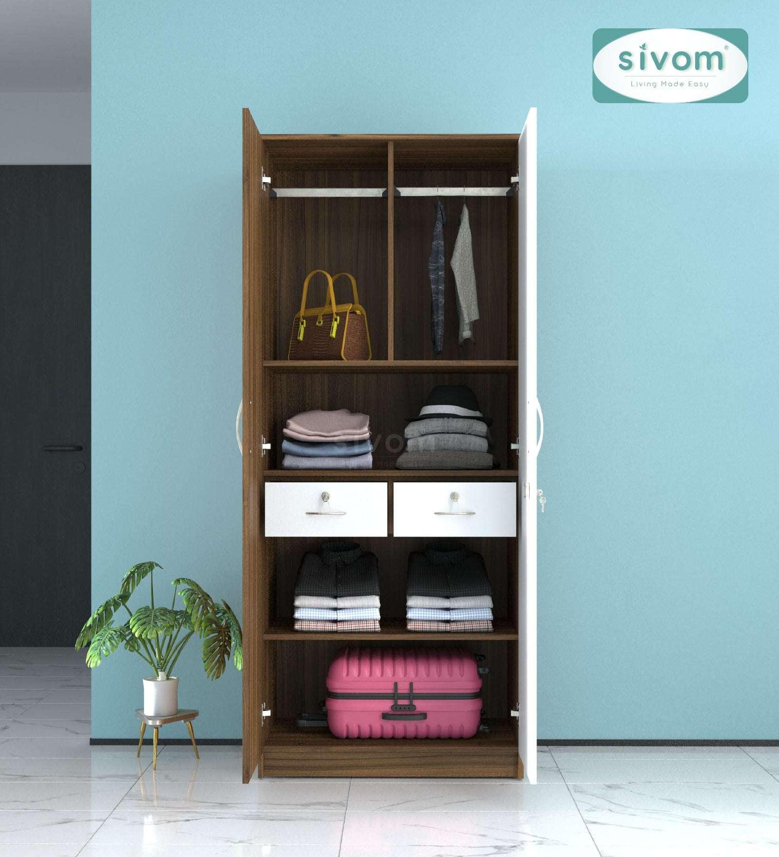 Sivom SIVOM Cambridge Multipurpose 2 Door Wardrobe With Mirror / Engineered Wood 2 Door Wardrobe With Mirror for Modern Homes | Elegant Design & Premium Finish