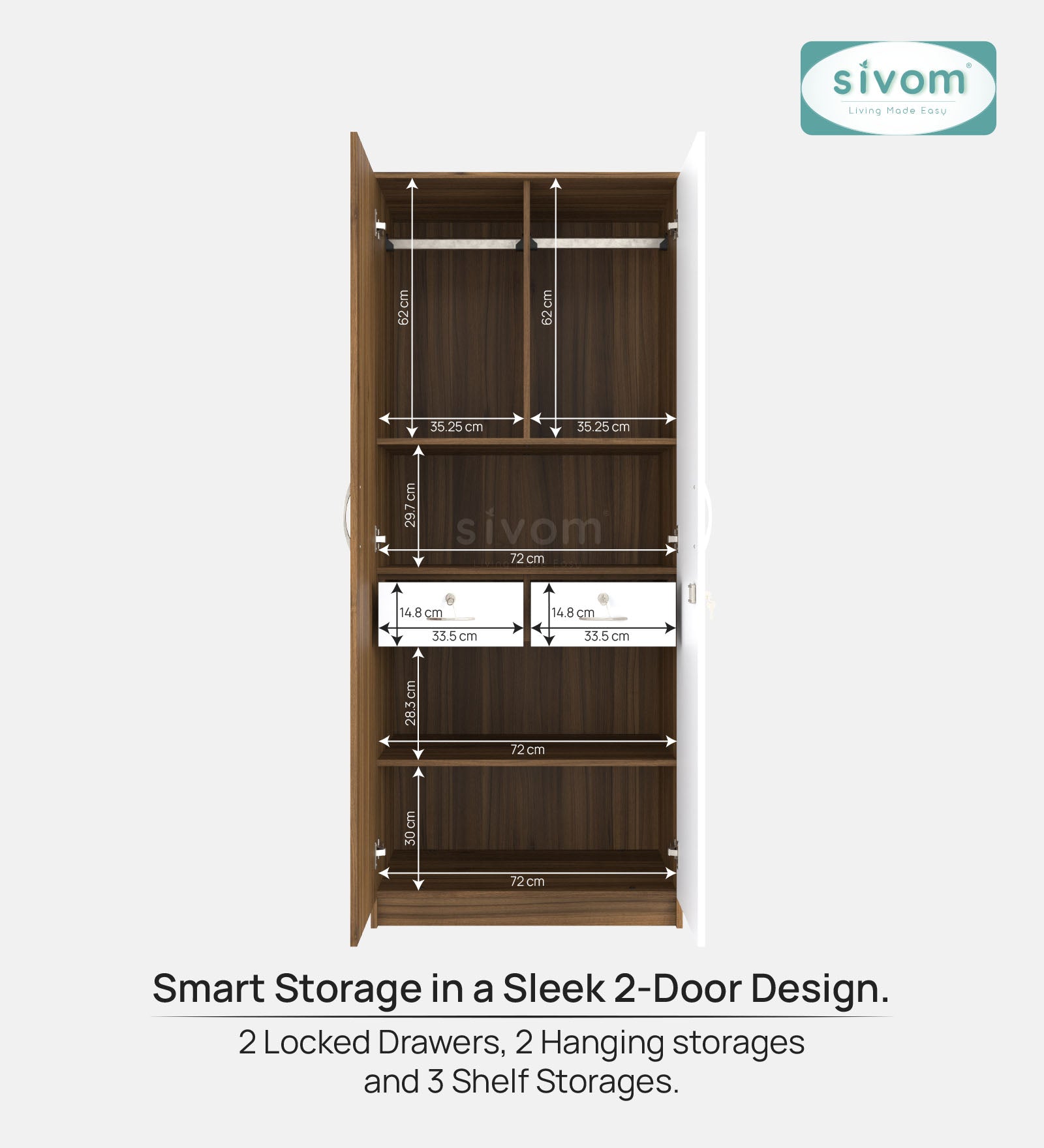 Sivom SIVOM Cambridge Multipurpose 2 Door Wardrobe With Mirror / Engineered Wood 2 Door Wardrobe With Mirror for Modern Homes | Elegant Design & Premium Finish