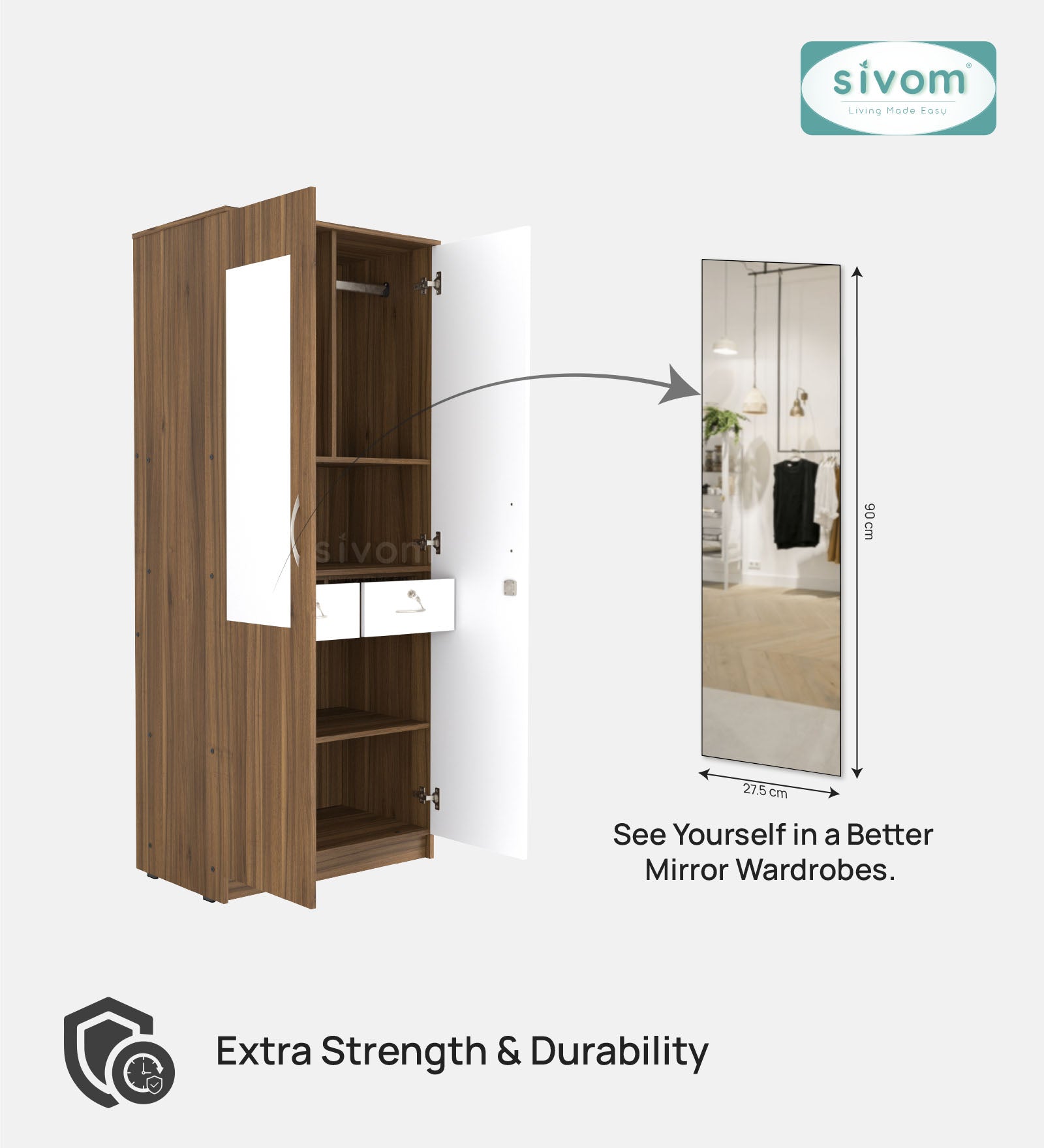 Sivom SIVOM Cambridge Multipurpose 2 Door Wardrobe With Mirror / Engineered Wood 2 Door Wardrobe With Mirror for Modern Homes | Elegant Design & Premium Finish