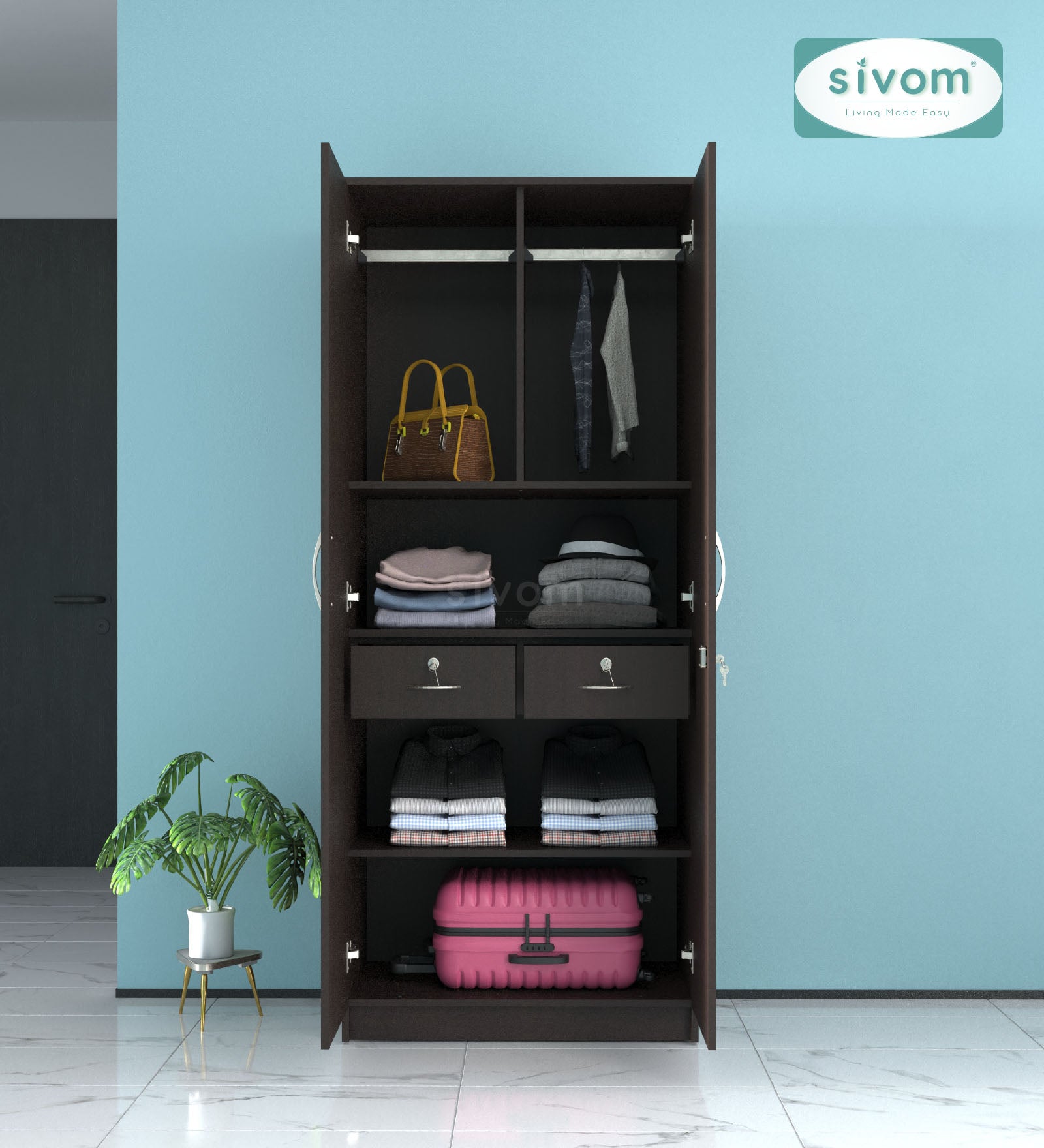 Sivom SIVOM Cambridge Multipurpose 2 Door Wardrobe With Mirror / Engineered Wood 2 Door Wardrobe With Mirror for Modern Homes | Elegant Design & Premium Finish