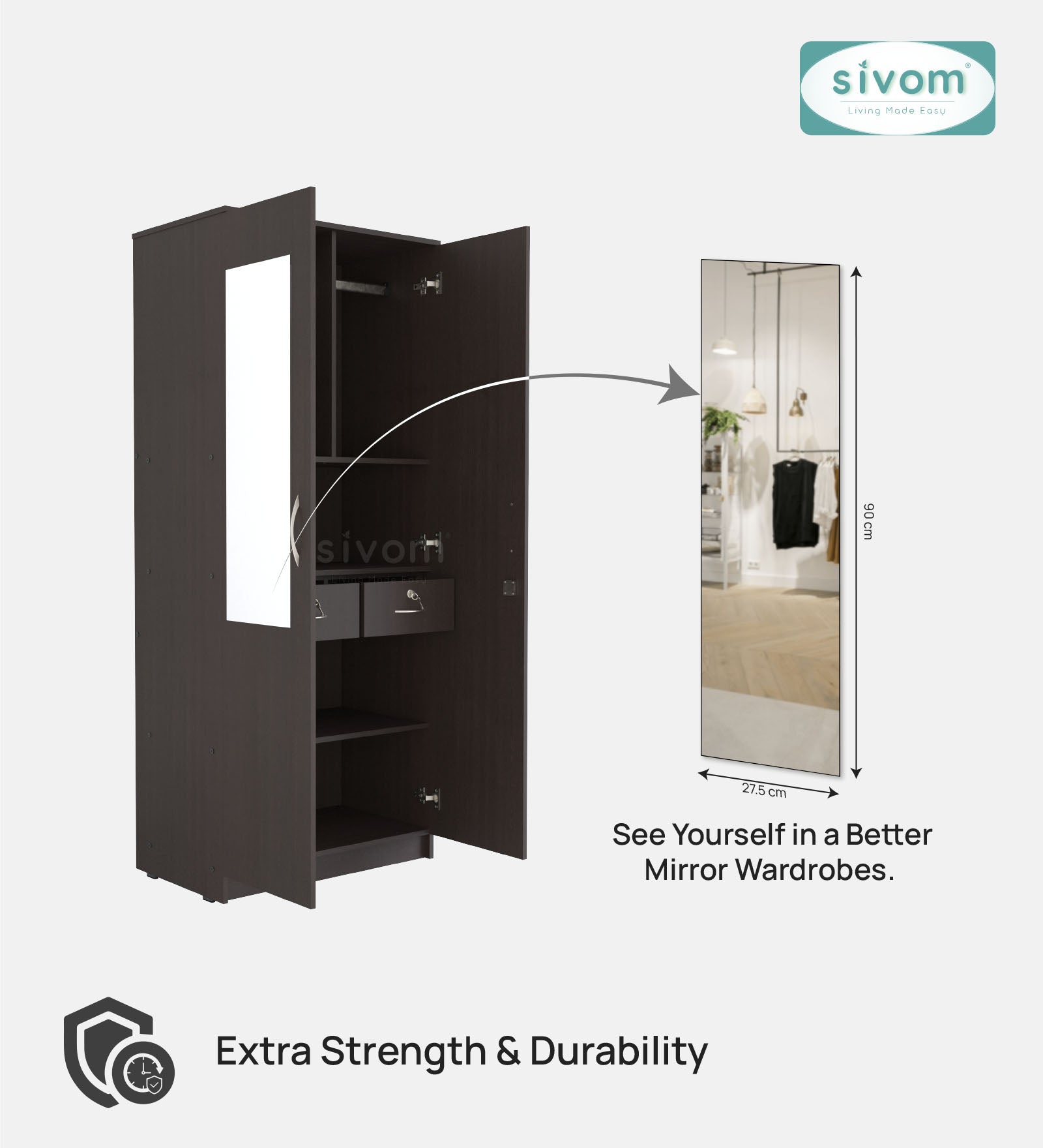 Sivom SIVOM Cambridge Multipurpose 2 Door Wardrobe With Mirror / Engineered Wood 2 Door Wardrobe With Mirror for Modern Homes | Elegant Design & Premium Finish