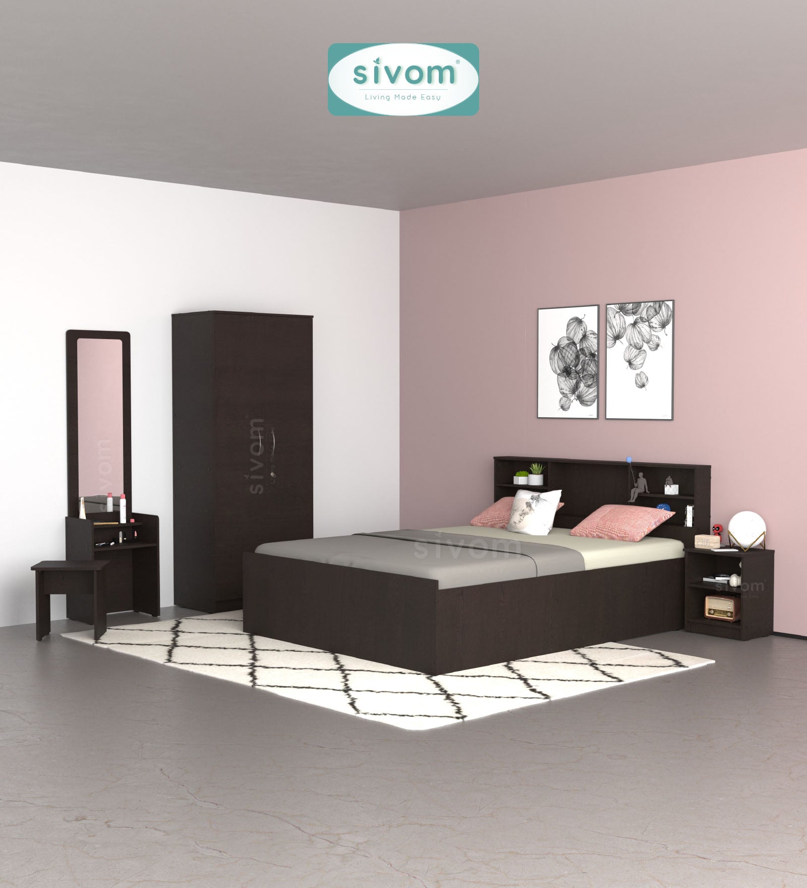 Sivom furniture Cosmo Queen WIth Storage Bedroom Combo