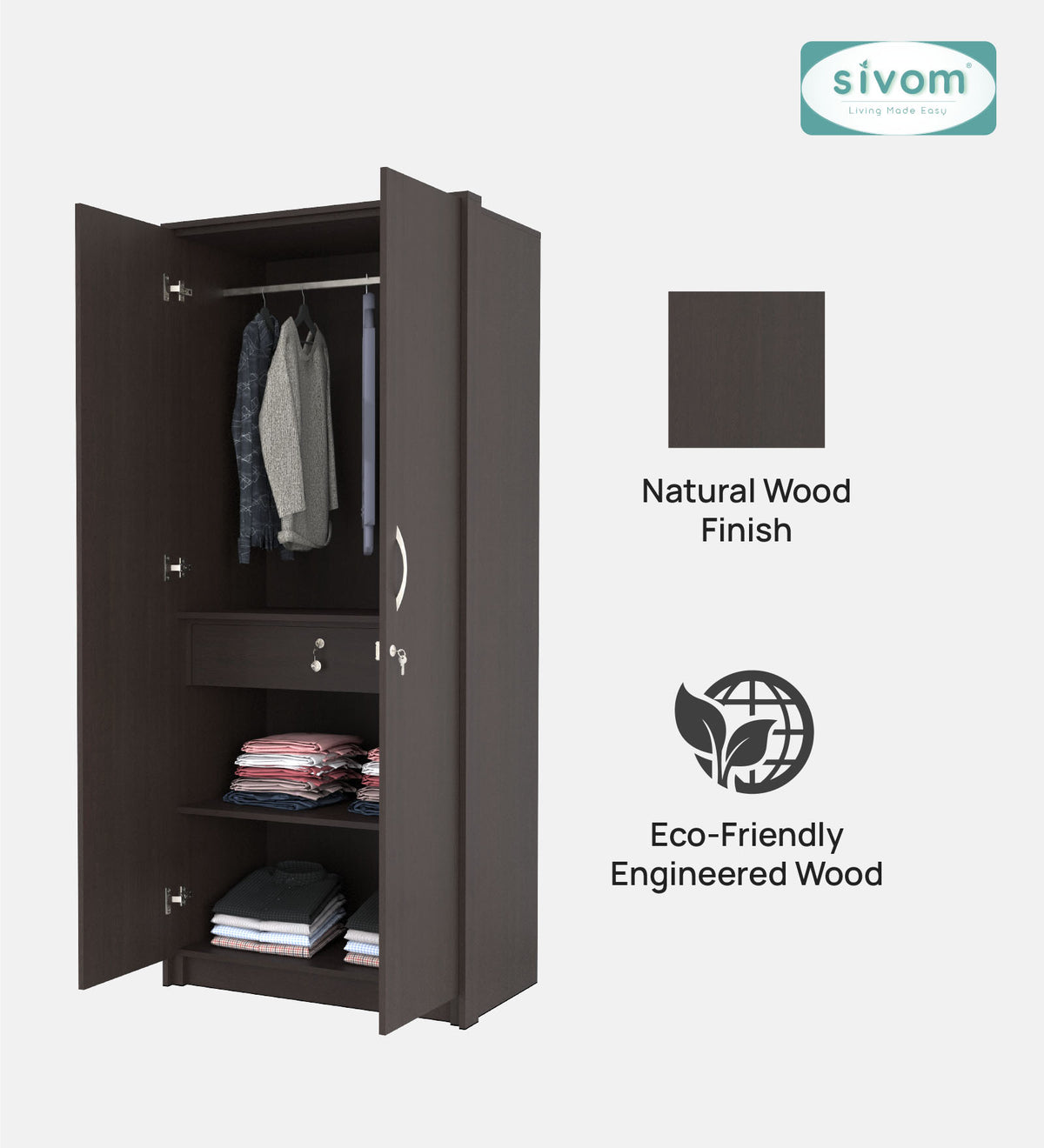 SIVOM Drogo Multipurpose 2 Door Wardrobe / Engineered Wood 2 Door Wardrobe for Modern Homes | Elegant Design & Premium Finish