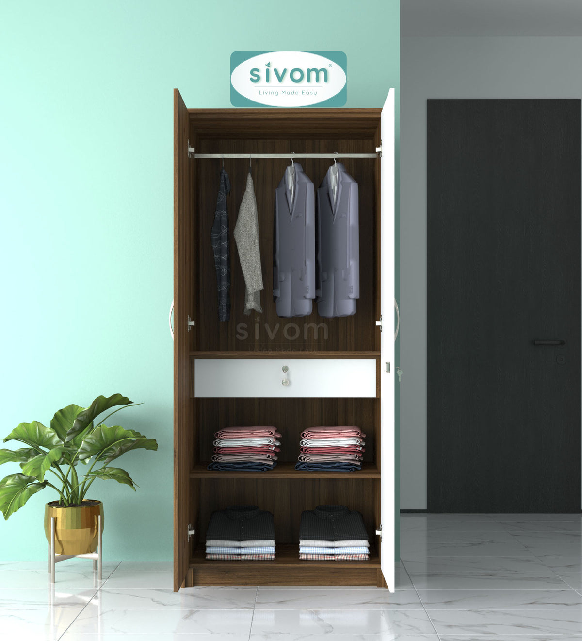 SIVOM Drogo Multipurpose 2 Door Wardrobe / Engineered Wood 2 Door Wardrobe for Modern Homes | Elegant Design & Premium Finish