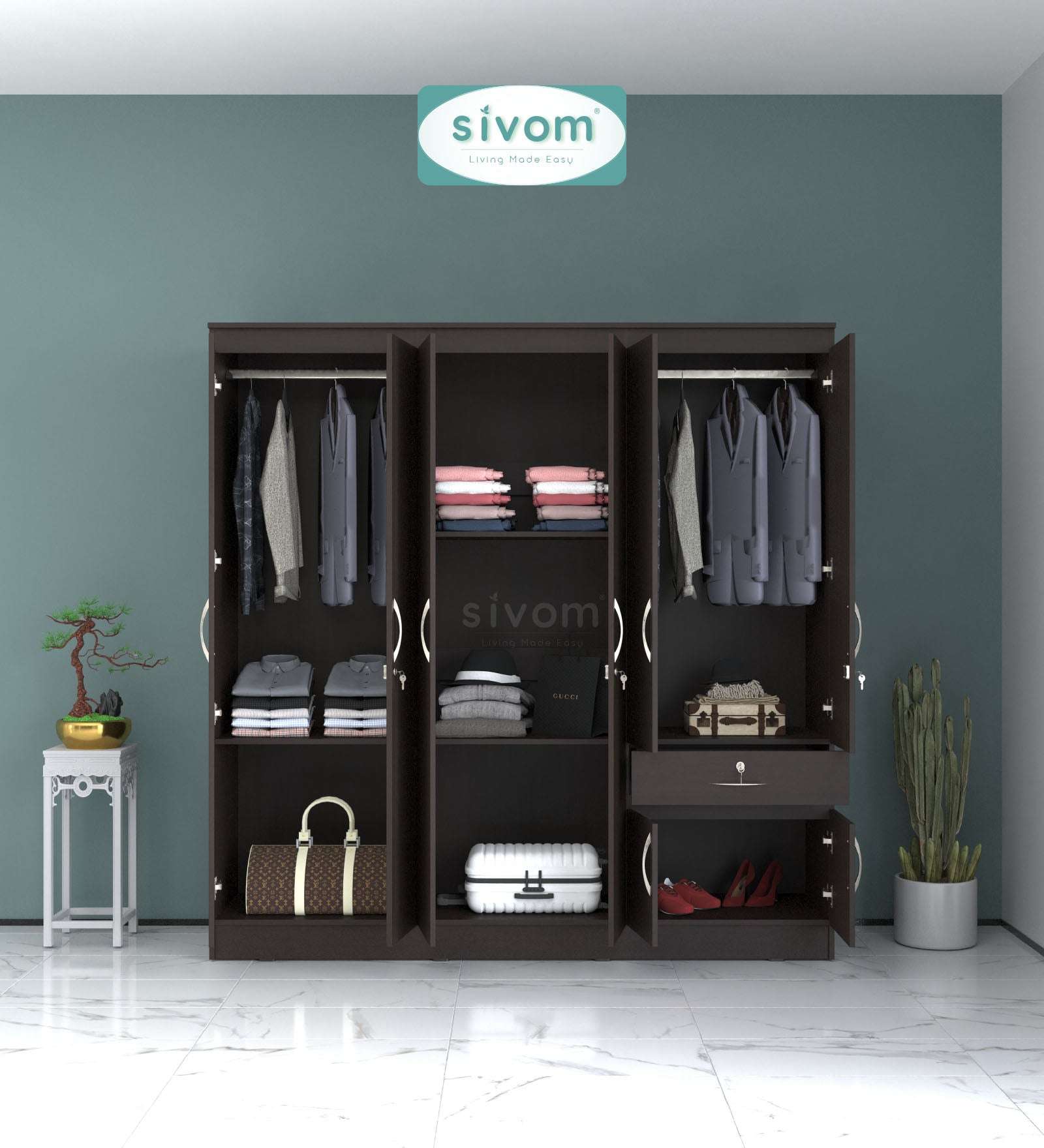Sivom furniture SIVOM ROX Multipurpose 6 Door Closet Engineered Wood 6 Door Wardrobe for Modern Homes | Elegant Design & Premium Finish