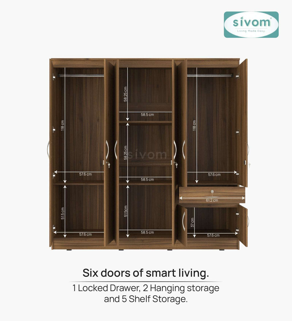 Sivom furniture SIVOM ROX Multipurpose 6 Door Closet Engineered Wood 6 Door Wardrobe for Modern Homes | Elegant Design & Premium Finish