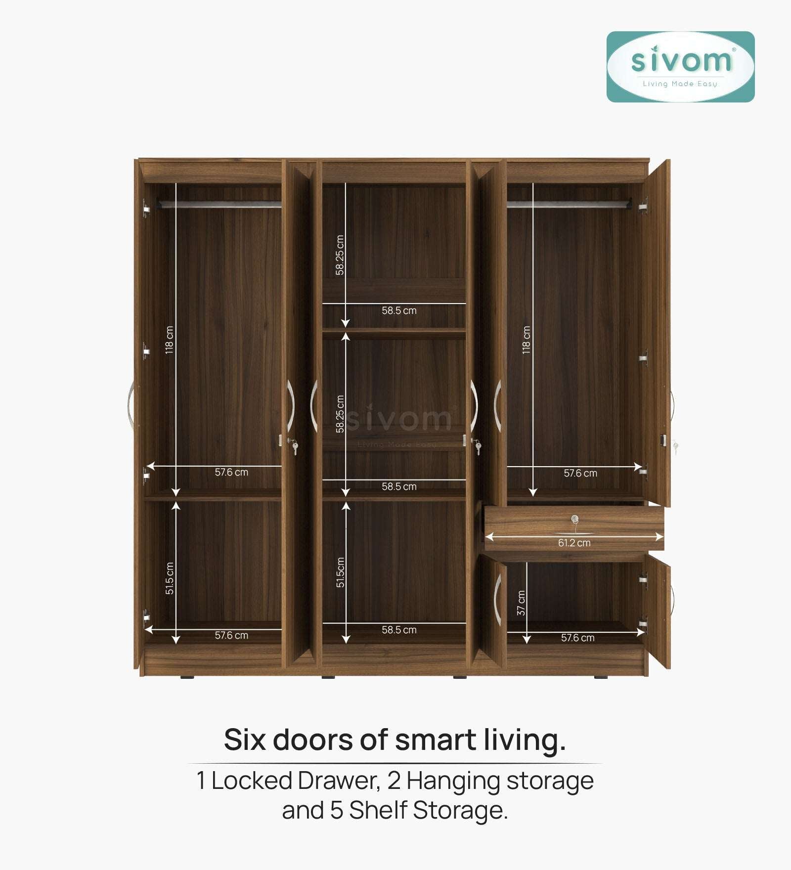 Sivom furniture SIVOM ROX Multipurpose 6 Door Closet Engineered Wood 6 Door Wardrobe for Modern Homes | Elegant Design & Premium Finish