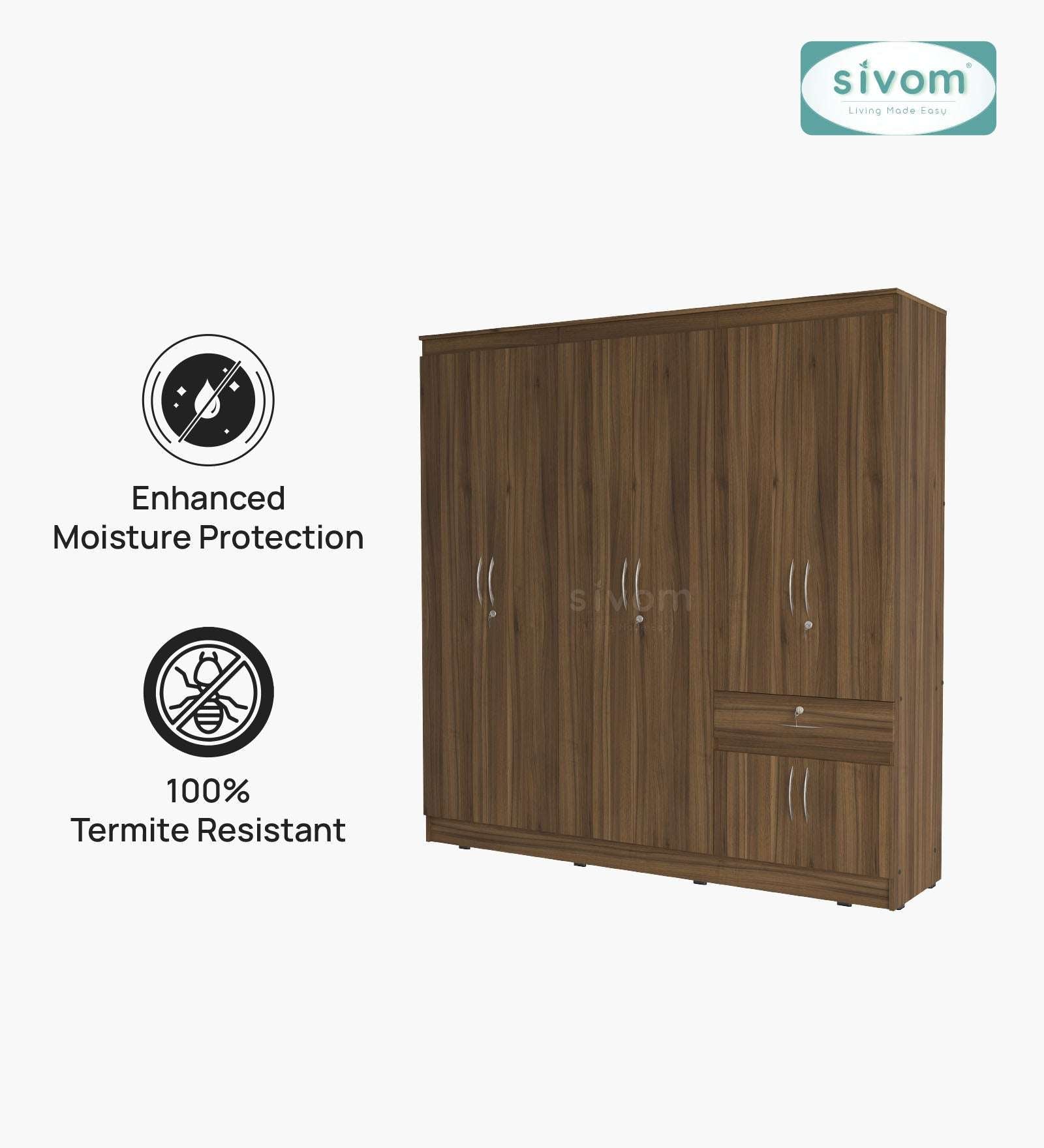 Sivom furniture SIVOM ROX Multipurpose 6 Door Closet Engineered Wood 6 Door Wardrobe for Modern Homes | Elegant Design & Premium Finish