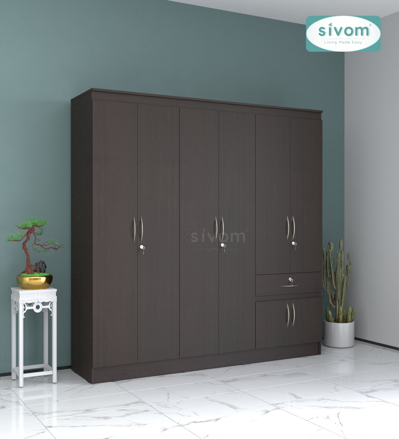 Sivom furniture SIVOM ROX Multipurpose 6 Door Closet Engineered Wood 6 Door Wardrobe for Modern Homes | Elegant Design & Premium Finish