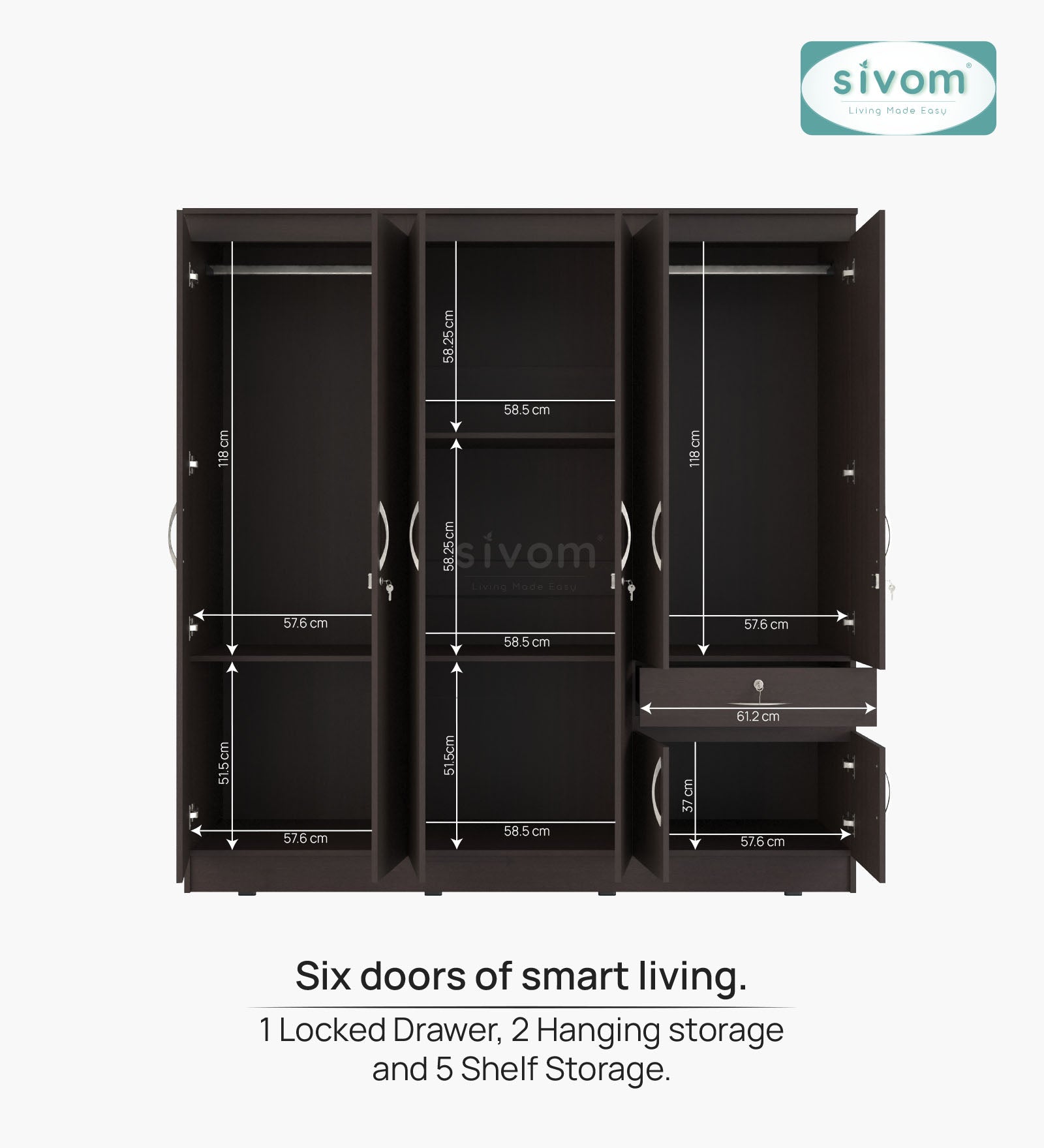 Sivom furniture SIVOM ROX Multipurpose 6 Door Closet Engineered Wood 6 Door Wardrobe for Modern Homes | Elegant Design & Premium Finish