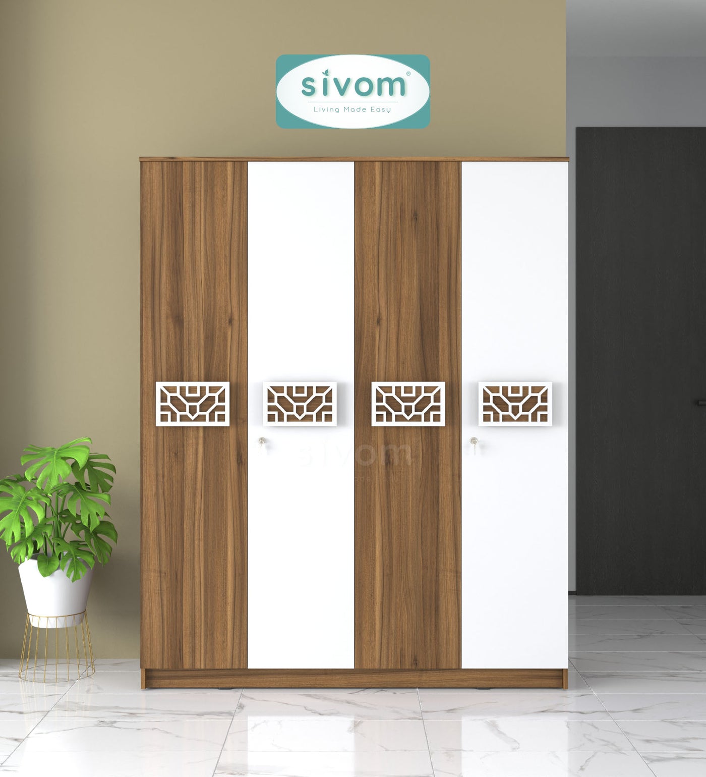 SIVOM Feature Multipurpose 4 Door Closet Engineered Wood 4 Door Wardrobe for Modern Homes | Elegant Design & Premium Finish