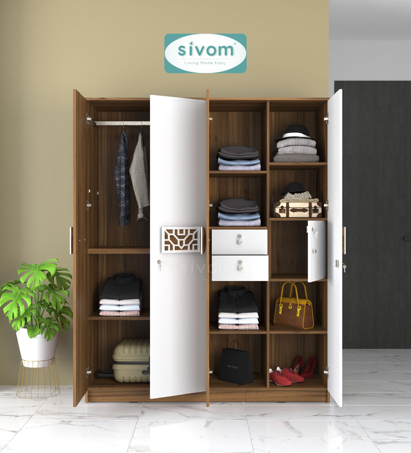 Sivom SIVOM Feature Multipurpose 4 Door Closet Engineered Wood 4 Door Wardrobe for Modern Homes | Elegant Design & Premium Finish