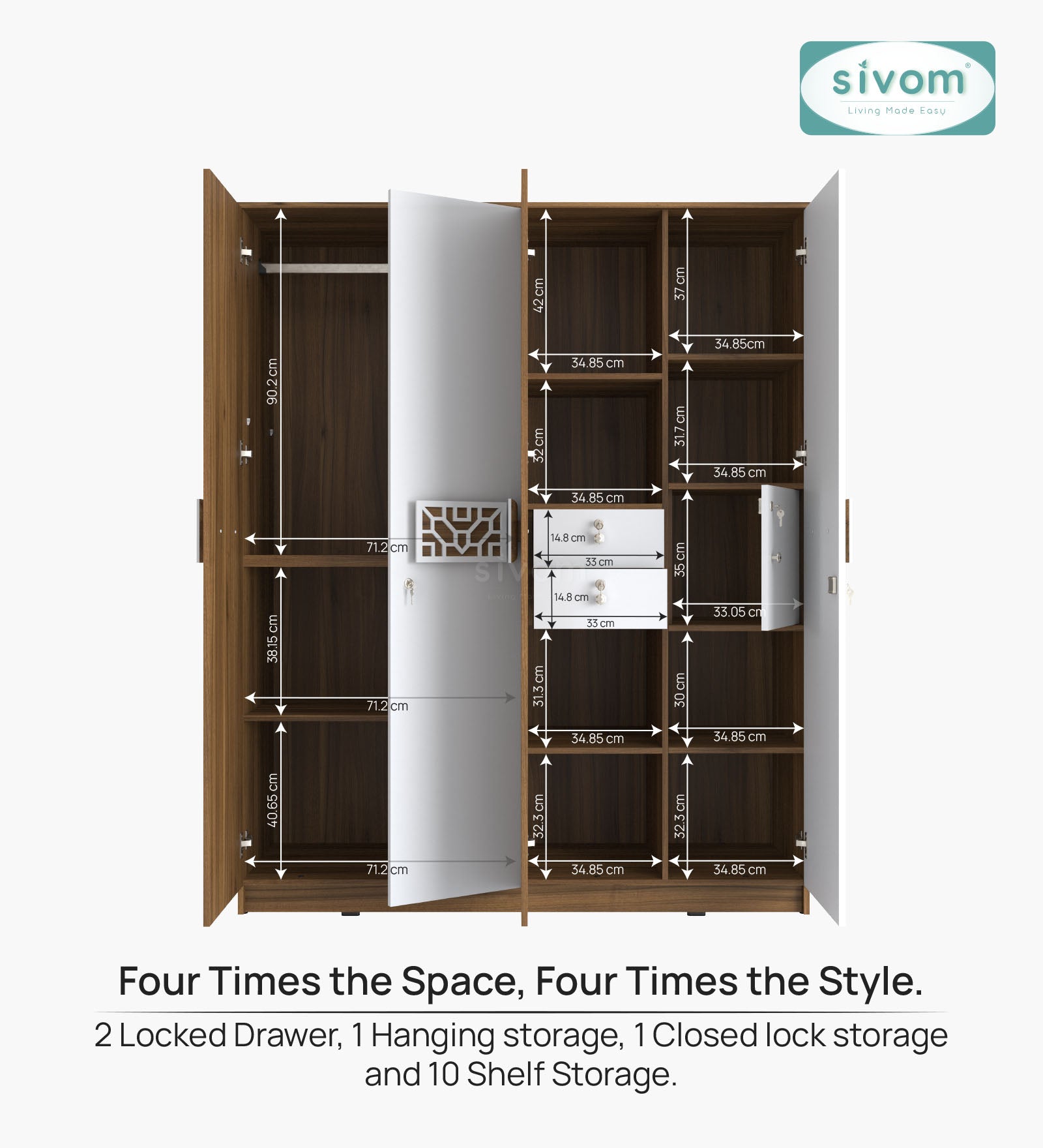 Sivom SIVOM Feature Multipurpose 4 Door Closet Engineered Wood 4 Door Wardrobe for Modern Homes | Elegant Design & Premium Finish