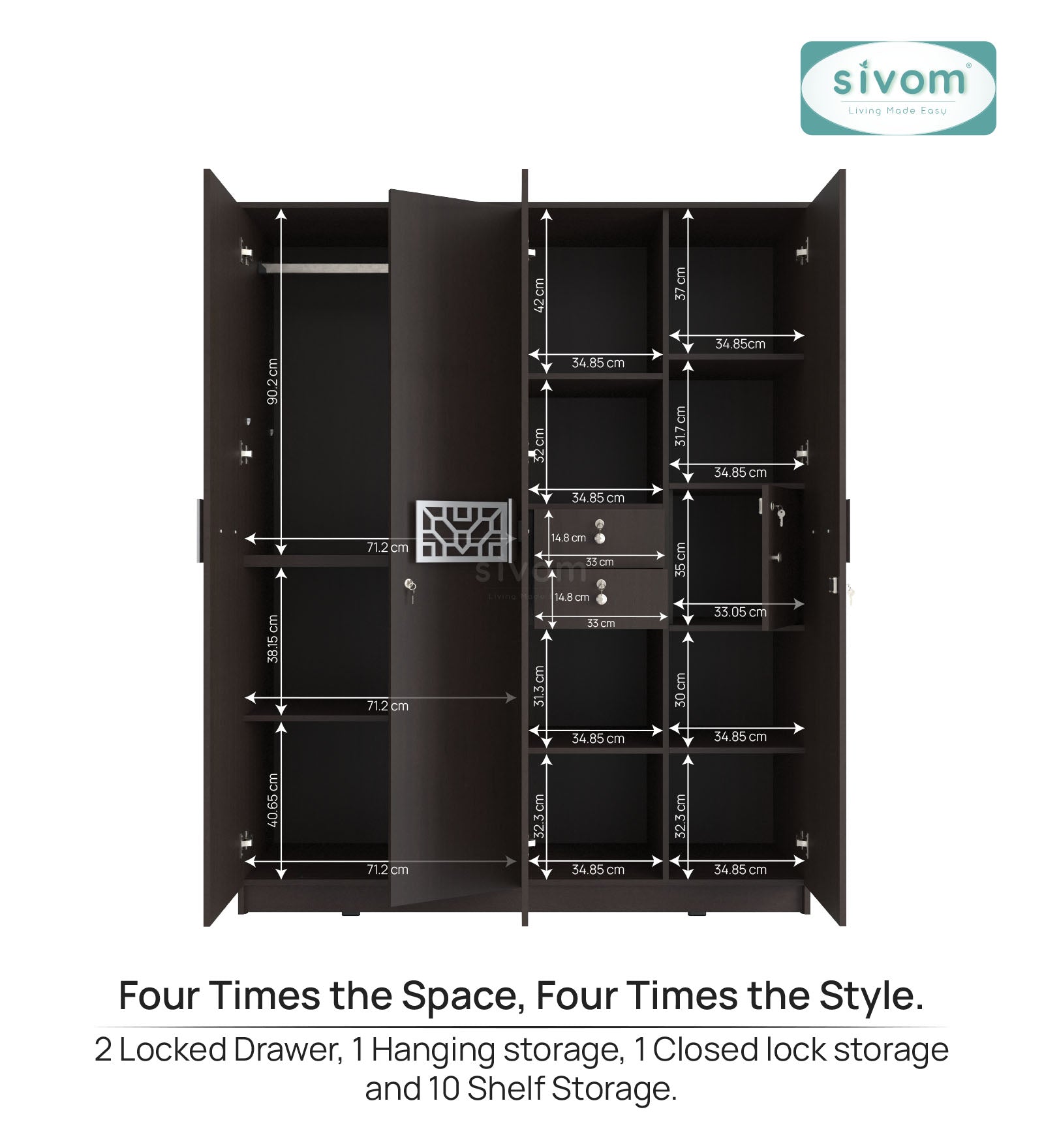 Sivom SIVOM Feature Multipurpose 4 Door Closet Engineered Wood 4 Door Wardrobe for Modern Homes | Elegant Design & Premium Finish