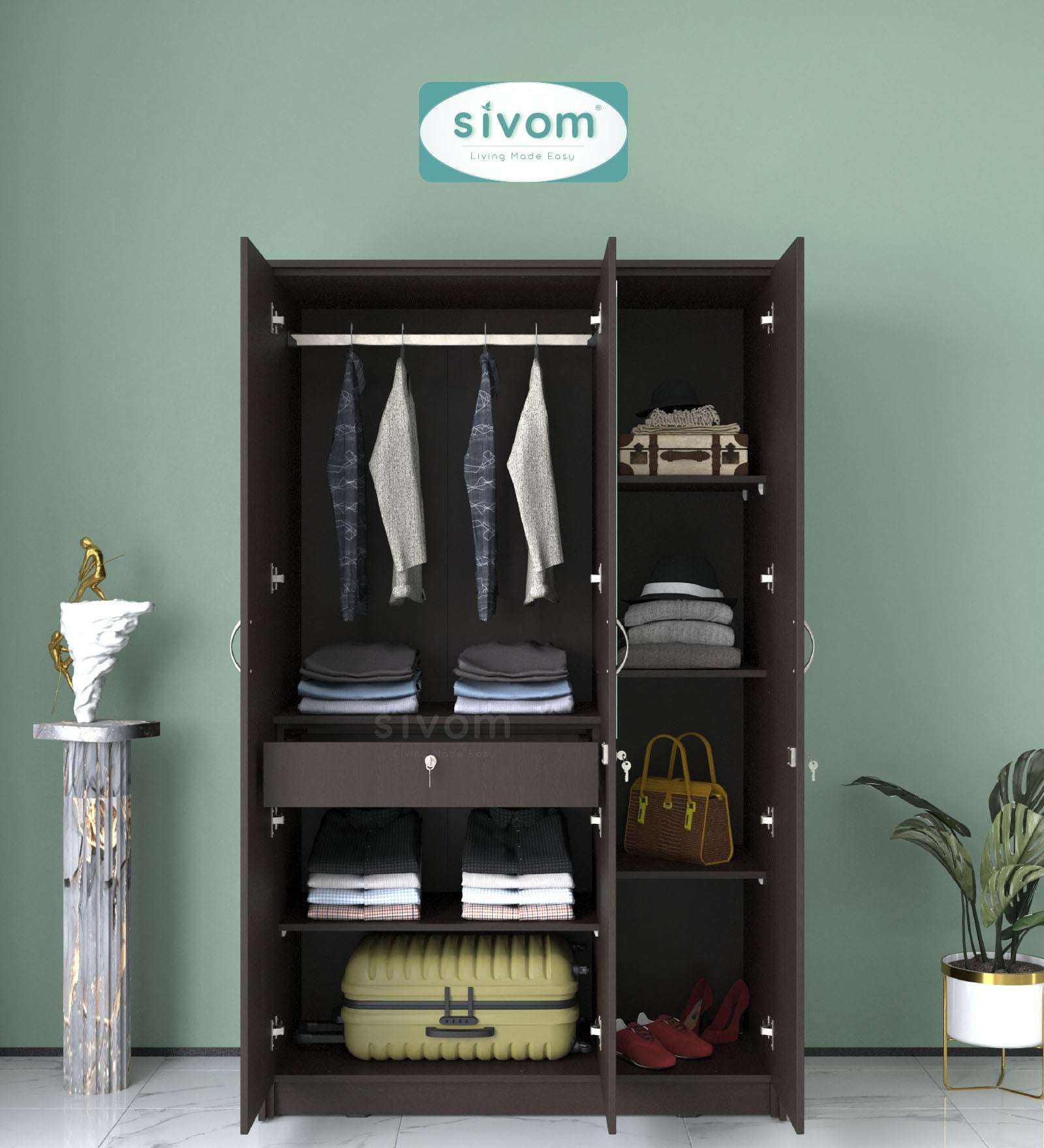 Sivom SIVOM Foldus Multipurpose 3 Door Wardrobe / Spacious Shelves with Hanging Rail Engineered Wood 3 Door Wardrobe for Modern Homes | Elegant Design & Premium Finish