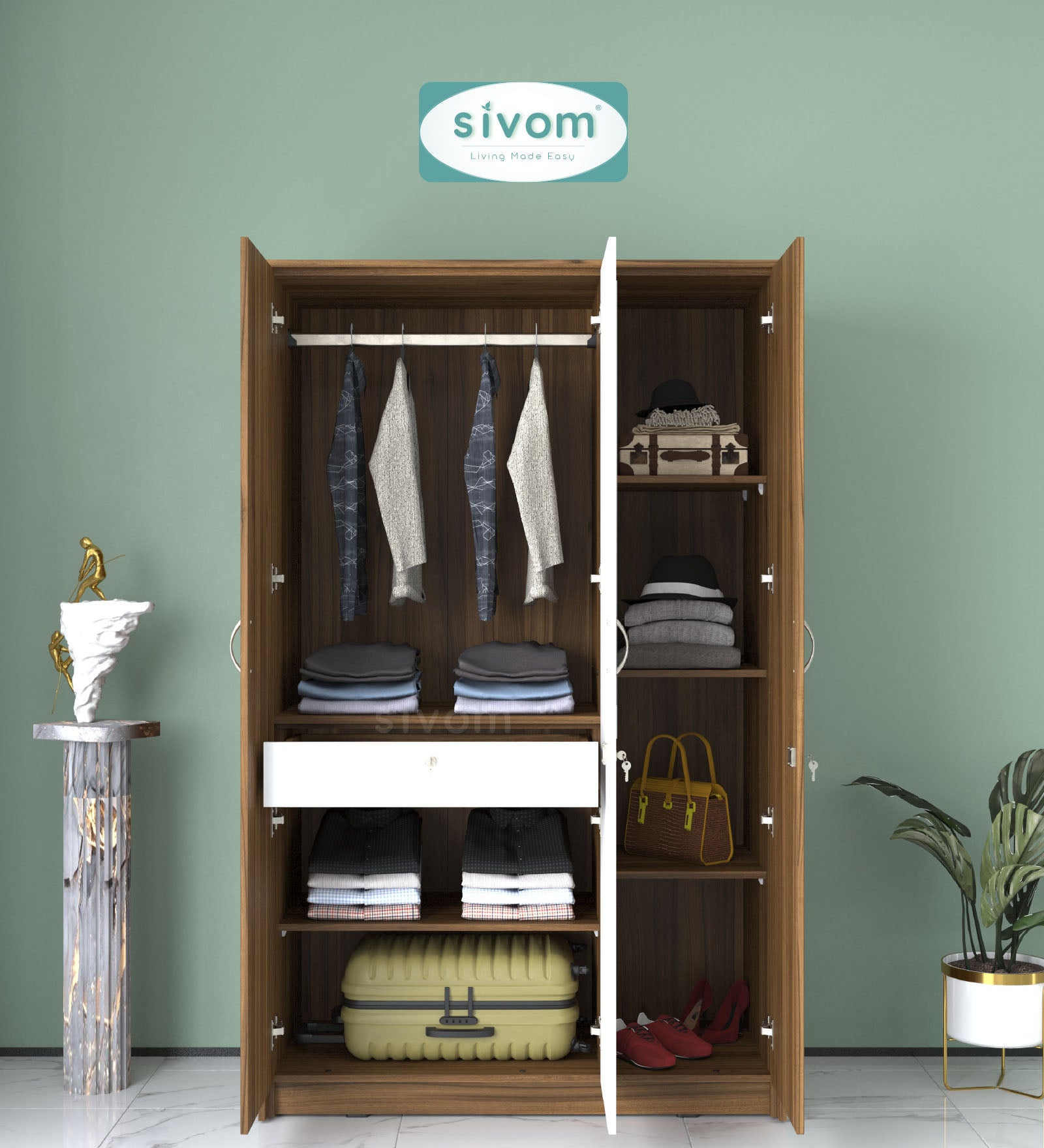 Sivom SIVOM Foldus Multipurpose 3 Door Wardrobe / Spacious Shelves with Hanging Rail Engineered Wood 3 Door Wardrobe for Modern Homes | Elegant Design & Premium Finish