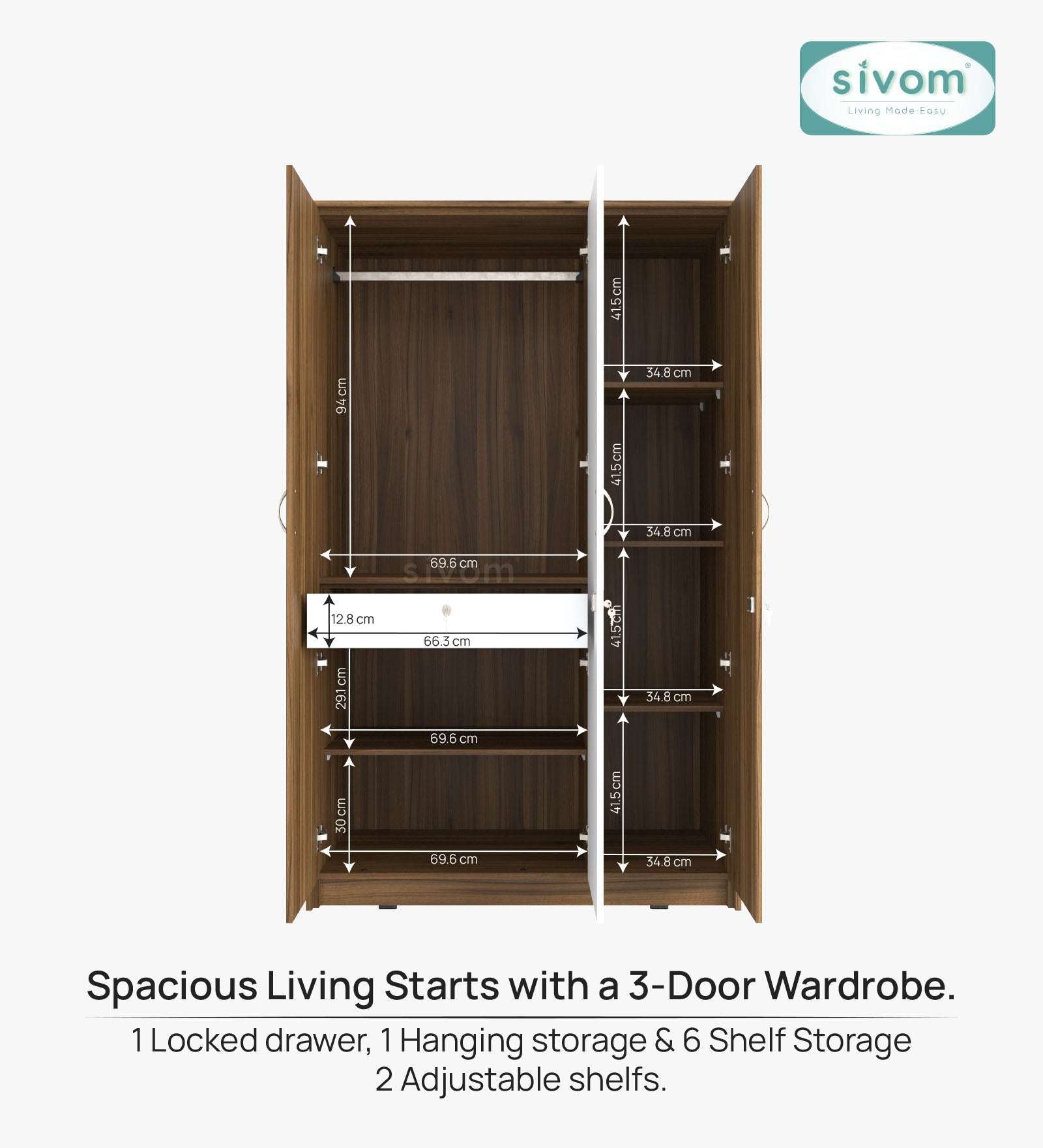 Sivom SIVOM Foldus Multipurpose 3 Door Wardrobe / Spacious Shelves with Hanging Rail Engineered Wood 3 Door Wardrobe for Modern Homes | Elegant Design & Premium Finish