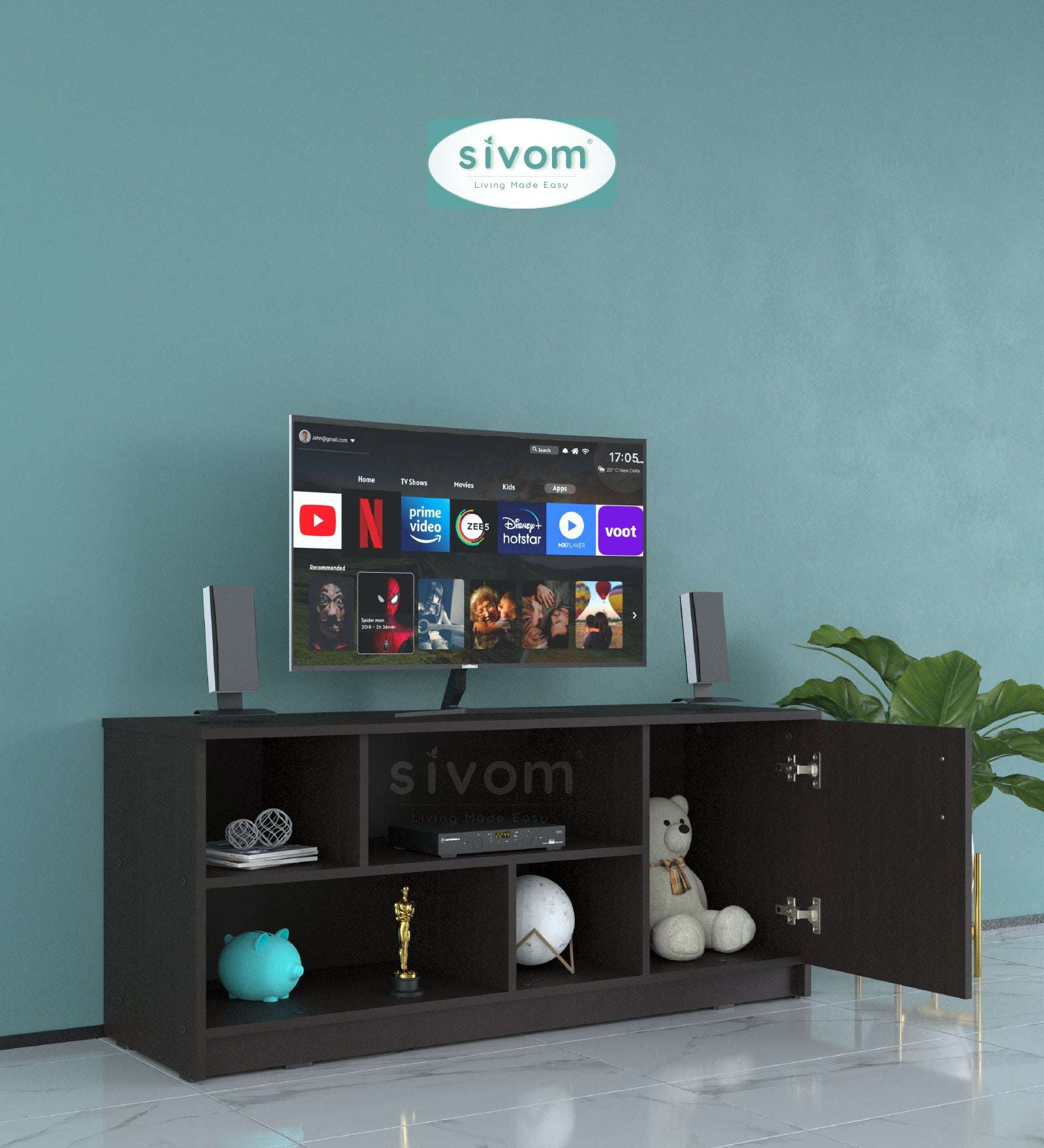 Sivom SIVOM Fortune Multipurpose TV Unit fits upto 43 inch with Storage Engineered Wood TV Entertainment Unit for Modern Homes | Elegant Design & Premium Finish