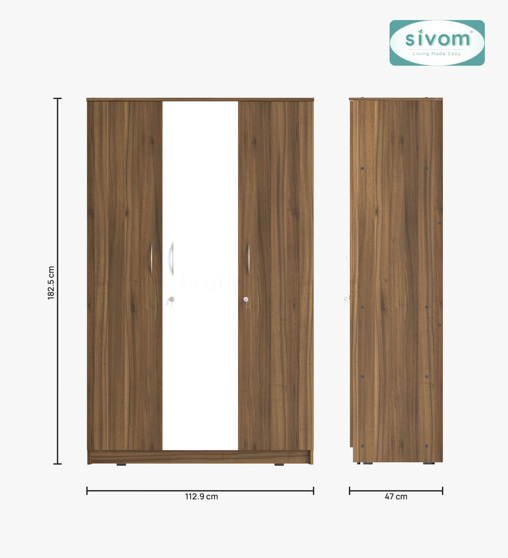 Sivom SIVOM Grover Multipurpose 3 Door Wardrobe / Spacious Shelves with Hanging Rail Engineered Wood 3 Door Wardrobe for Modern Homes | Elegant Design & Premium Finish