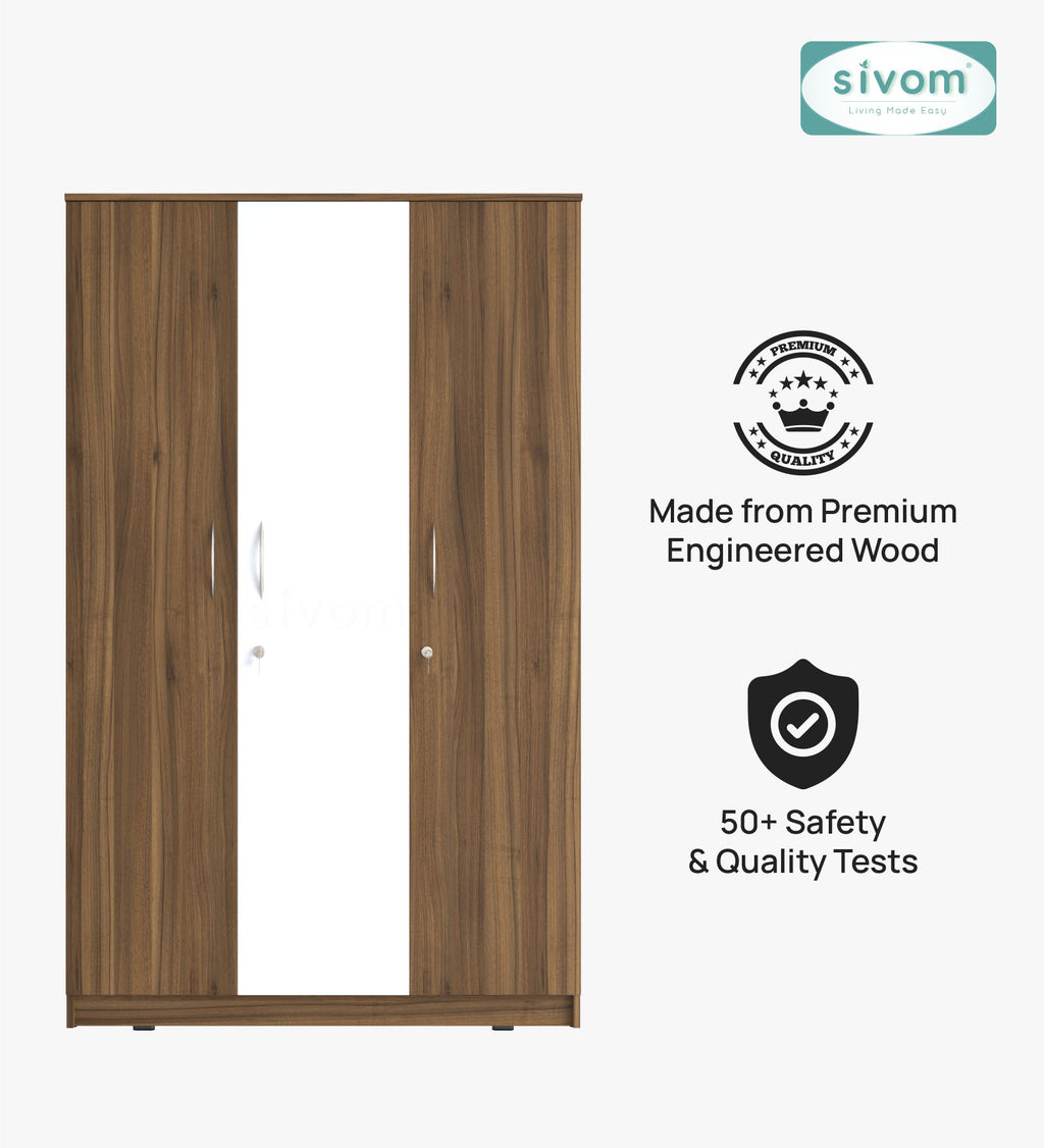 Sivom SIVOM Grover Multipurpose 3 Door Wardrobe / Spacious Shelves with Hanging Rail Engineered Wood 3 Door Wardrobe for Modern Homes | Elegant Design & Premium Finish