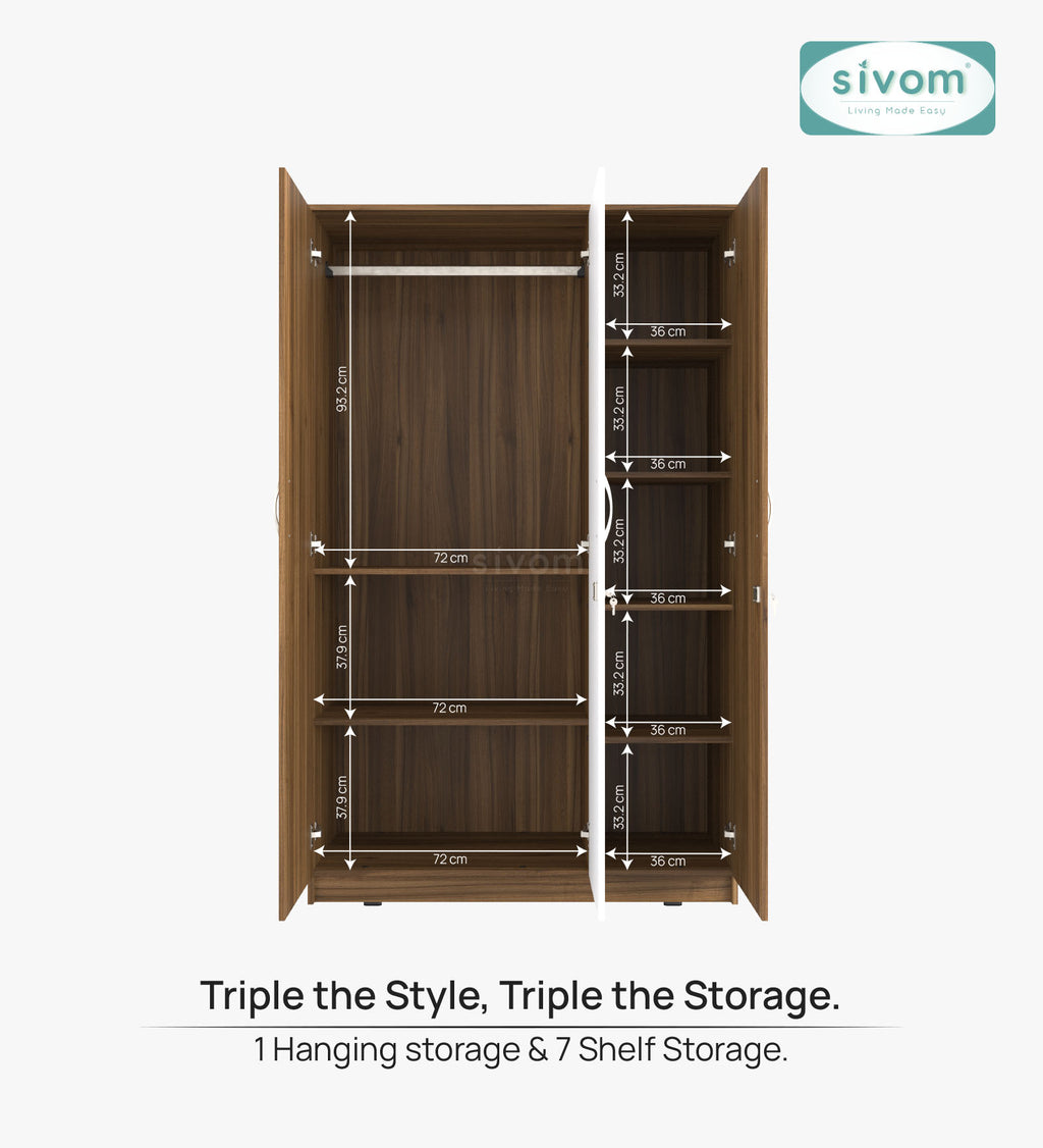 Sivom SIVOM Grover Multipurpose 3 Door Wardrobe / Spacious Shelves with Hanging Rail Engineered Wood 3 Door Wardrobe for Modern Homes | Elegant Design & Premium Finish