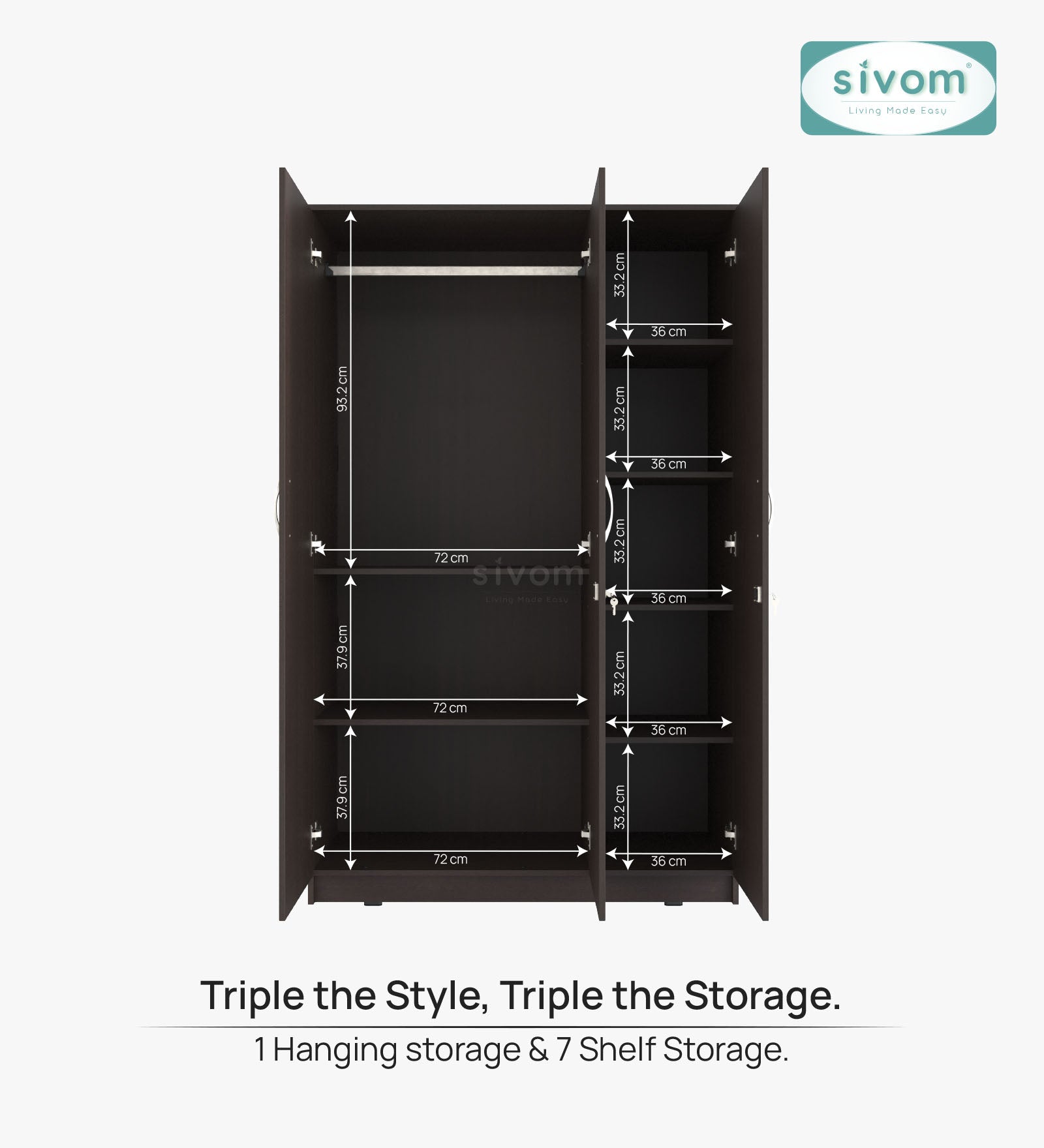 Sivom SIVOM Grover Multipurpose 3 Door Wardrobe / Spacious Shelves with Hanging Rail Engineered Wood 3 Door Wardrobe for Modern Homes | Elegant Design & Premium Finish