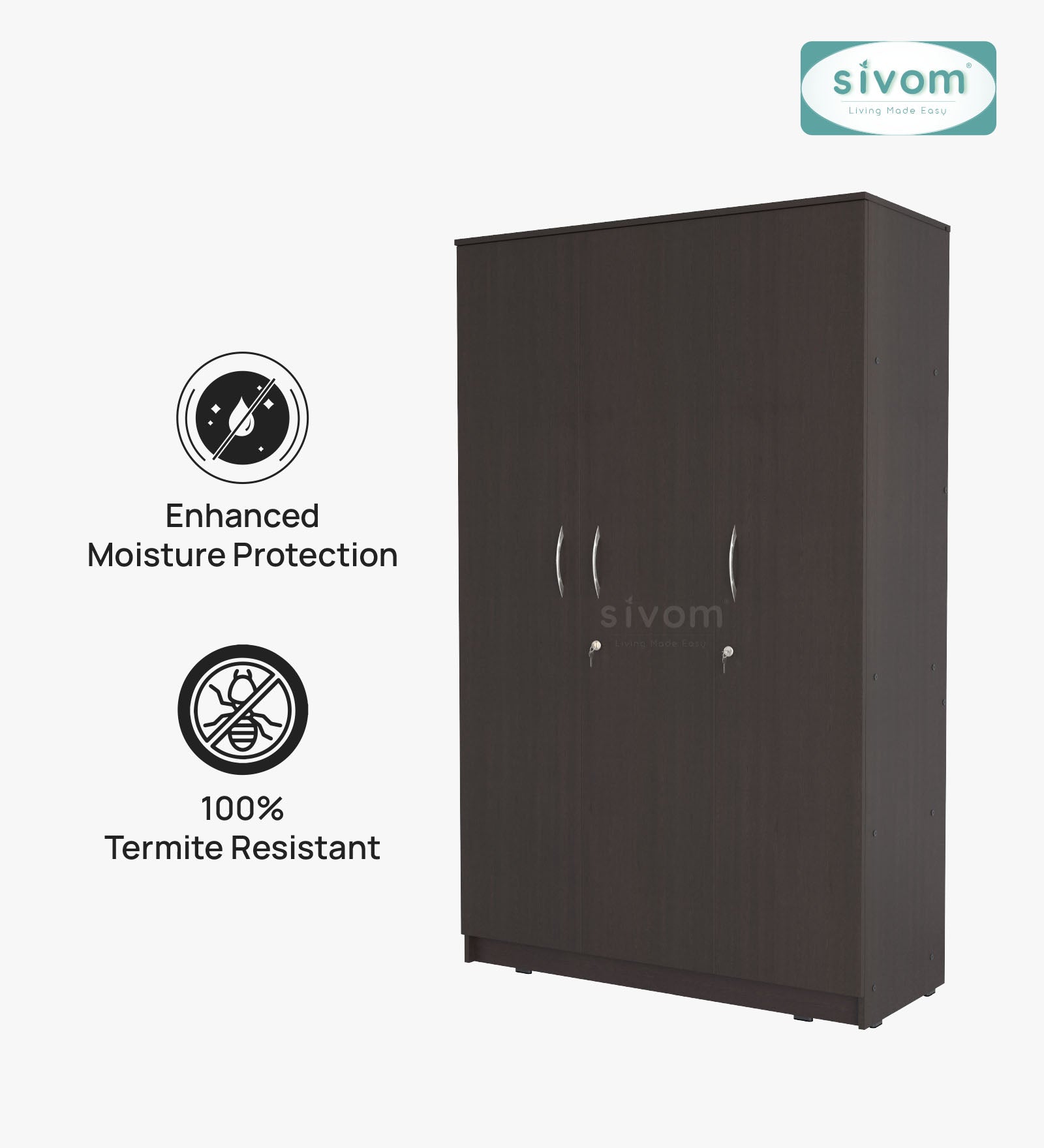 Sivom SIVOM Grover Multipurpose 3 Door Wardrobe / Spacious Shelves with Hanging Rail Engineered Wood 3 Door Wardrobe for Modern Homes | Elegant Design & Premium Finish