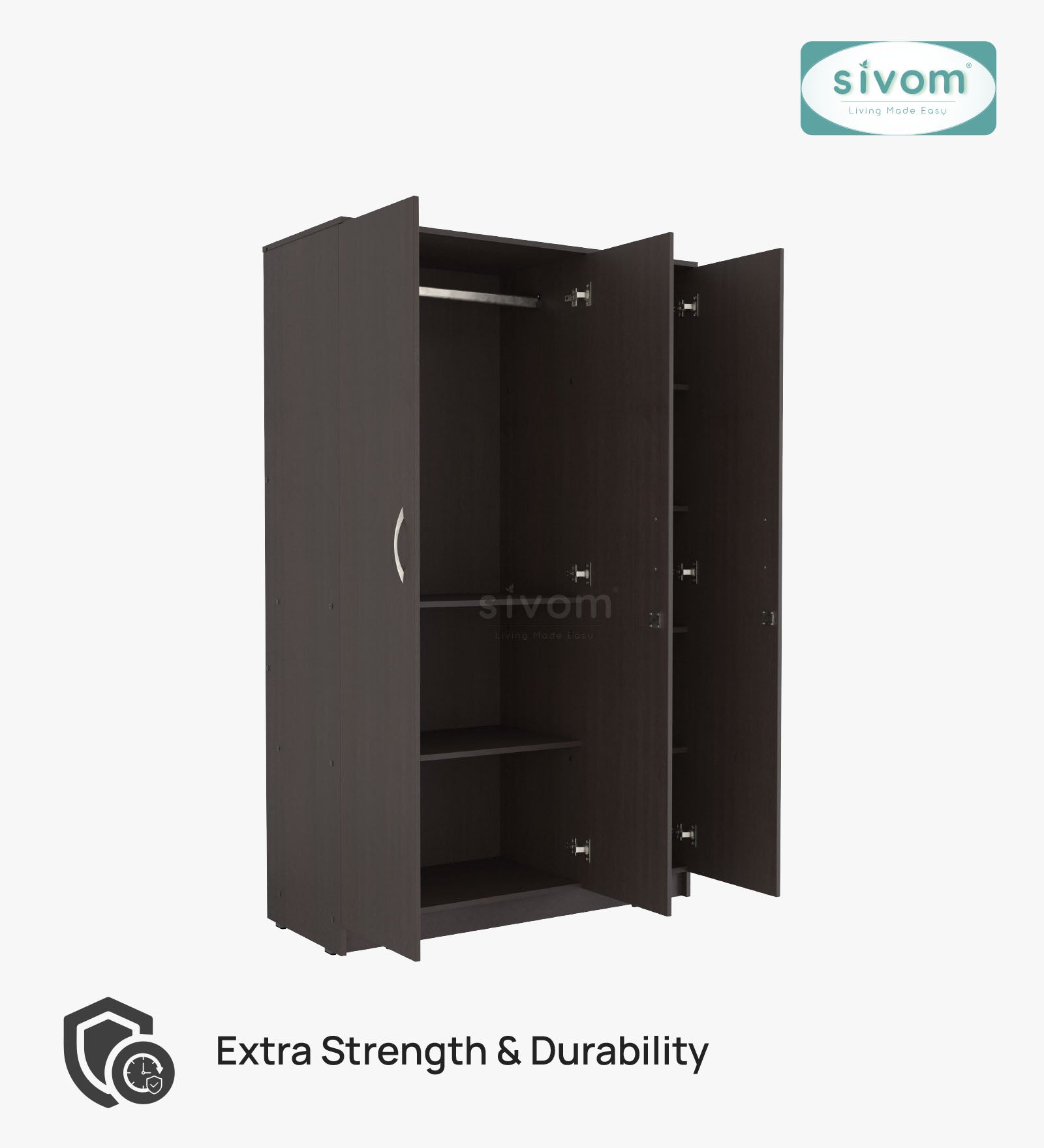 Sivom SIVOM Grover Multipurpose 3 Door Wardrobe / Spacious Shelves with Hanging Rail Engineered Wood 3 Door Wardrobe for Modern Homes | Elegant Design & Premium Finish