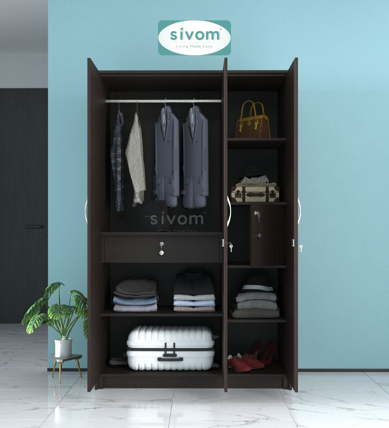 SIVOM JASON Multipurpose 3 Door Closet Engineered Wood 3 Door Wardrobe for Modern Homes | Elegant Design & Premium Finish