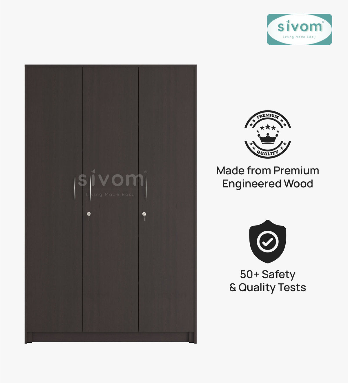 SIVOM JASON Multipurpose 3 Door Closet Engineered Wood 3 Door Wardrobe for Modern Homes | Elegant Design & Premium Finish
