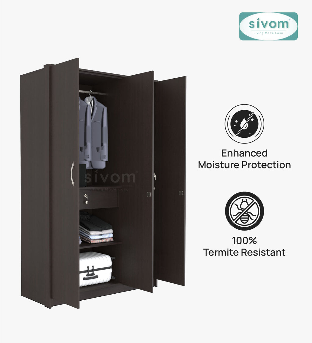 SIVOM JASON Multipurpose 3 Door Closet Engineered Wood 3 Door Wardrobe for Modern Homes | Elegant Design & Premium Finish