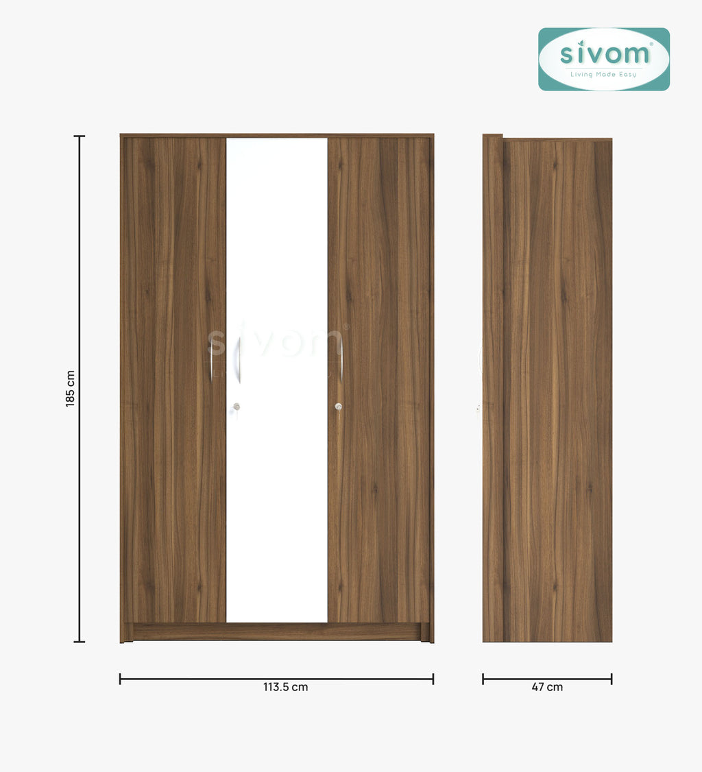 SIVOM JASON Multipurpose 3 Door Closet Engineered Wood 3 Door Wardrobe for Modern Homes | Elegant Design & Premium Finish