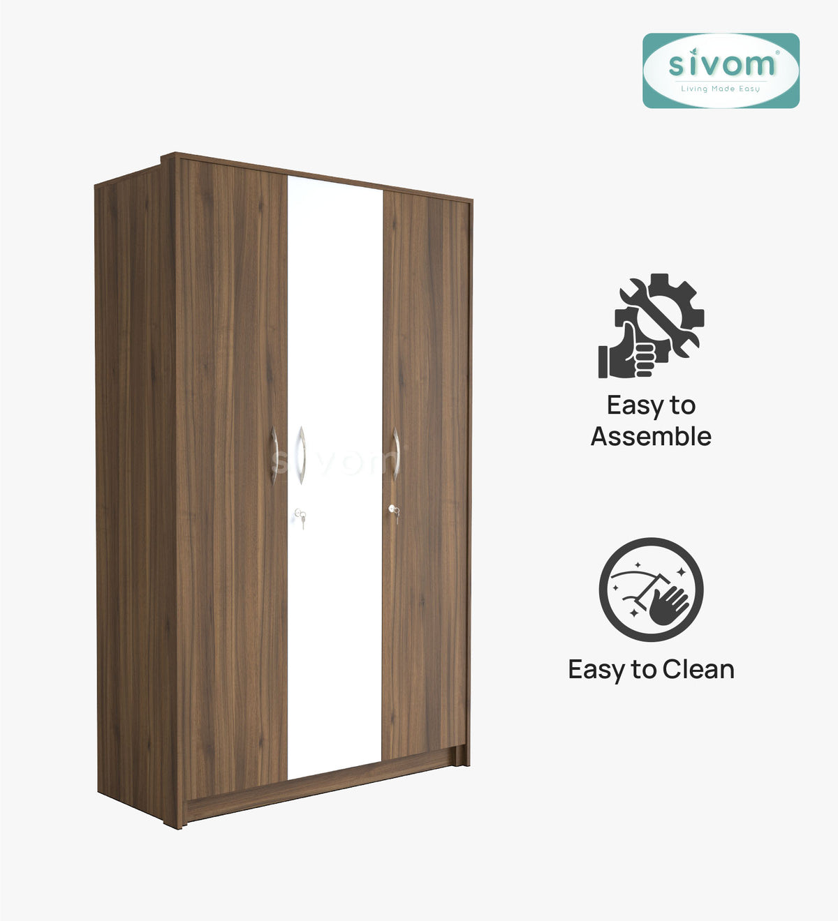 SIVOM JASON Multipurpose 3 Door Closet Engineered Wood 3 Door Wardrobe for Modern Homes | Elegant Design & Premium Finish