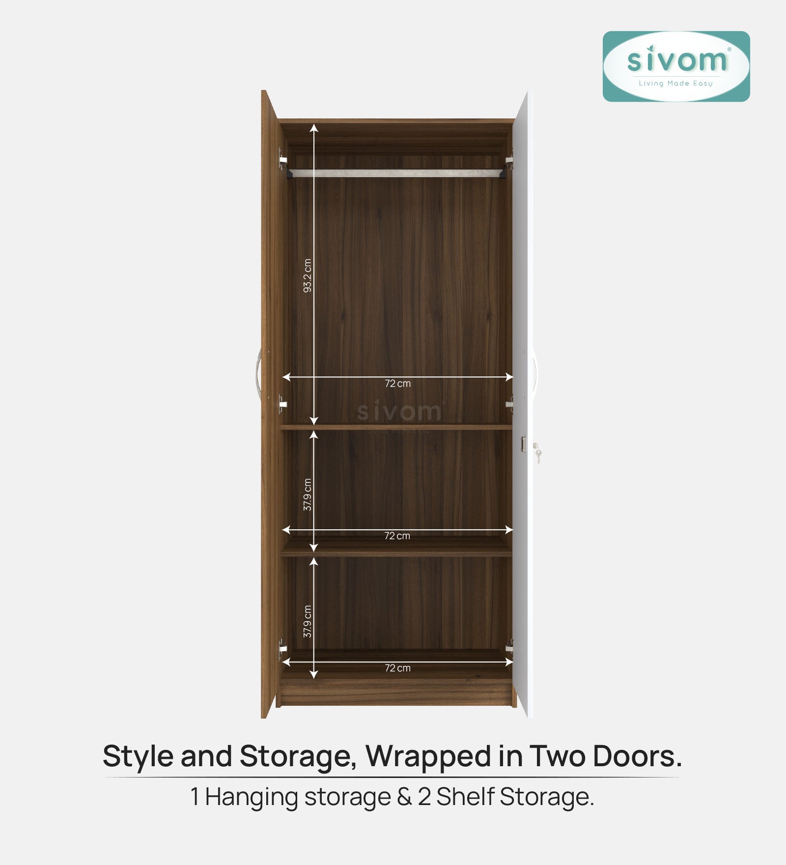Sivom SIVOM Jennifer Multipurpose 2 Door Wardrobe / Spacious Shelves with Hanging Rail Engineered Wood 2 Door Wardrobe for Modern Homes | Elegant Design & Premium Finish