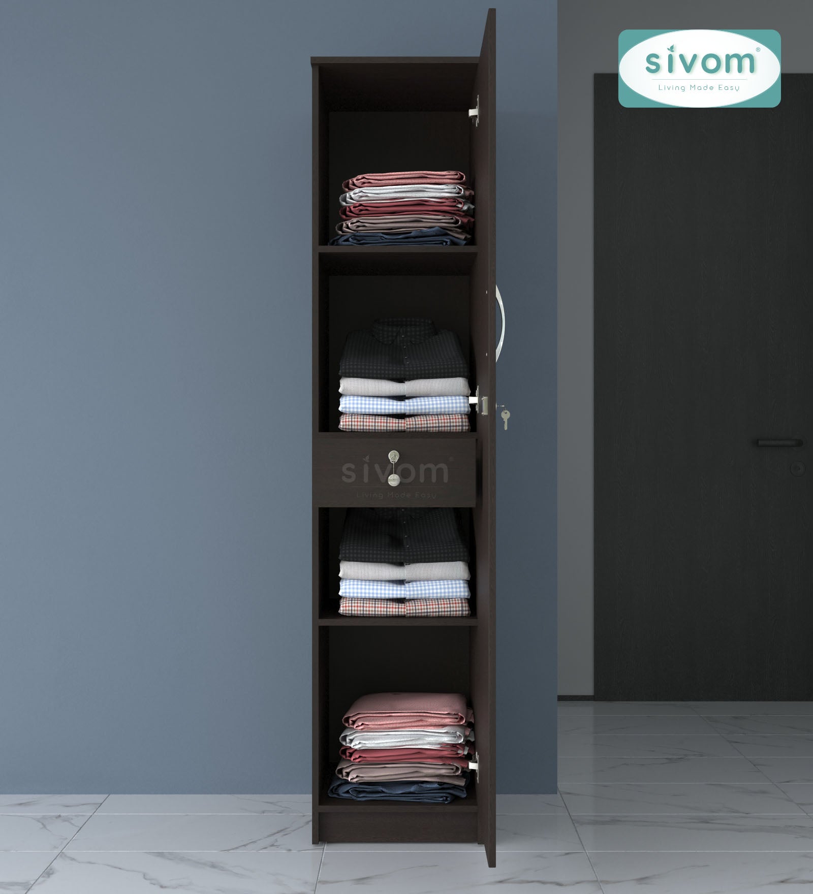 Sivom SIVOM JENNIFER Multipurpose 1 Door Wardrobe / Spacious 4 Shelves with Drawer Engineered Wood 1 Door Wardrobe for Modern Homes | Elegant Design & Premium Finish