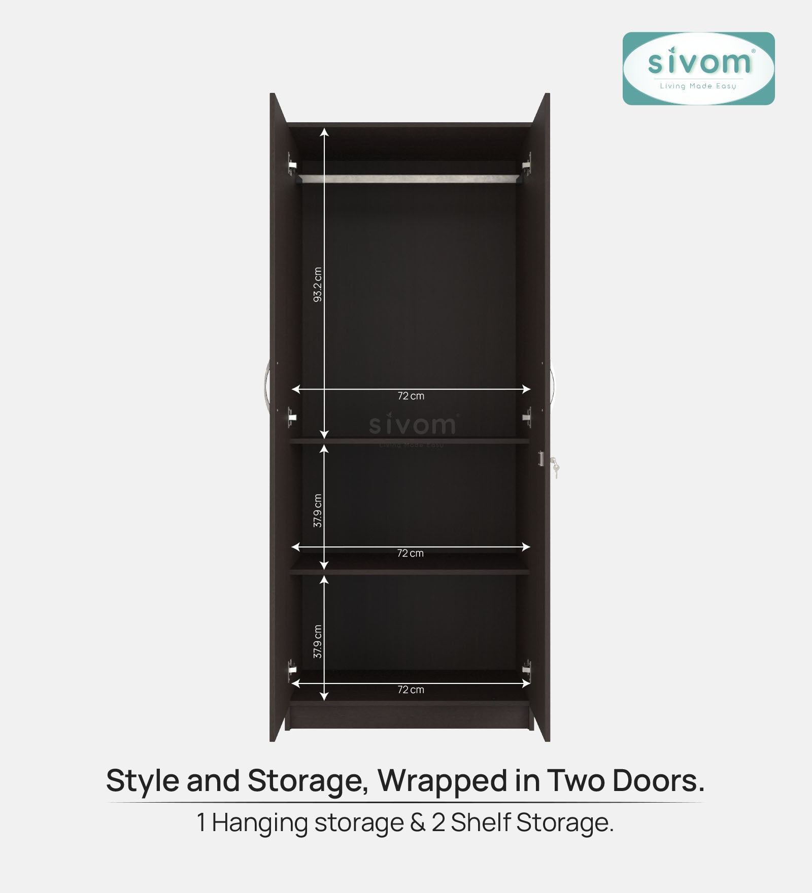 Sivom SIVOM Jennifer Multipurpose 2 Door Wardrobe / Spacious Shelves with Hanging Rail Engineered Wood 2 Door Wardrobe for Modern Homes | Elegant Design & Premium Finish