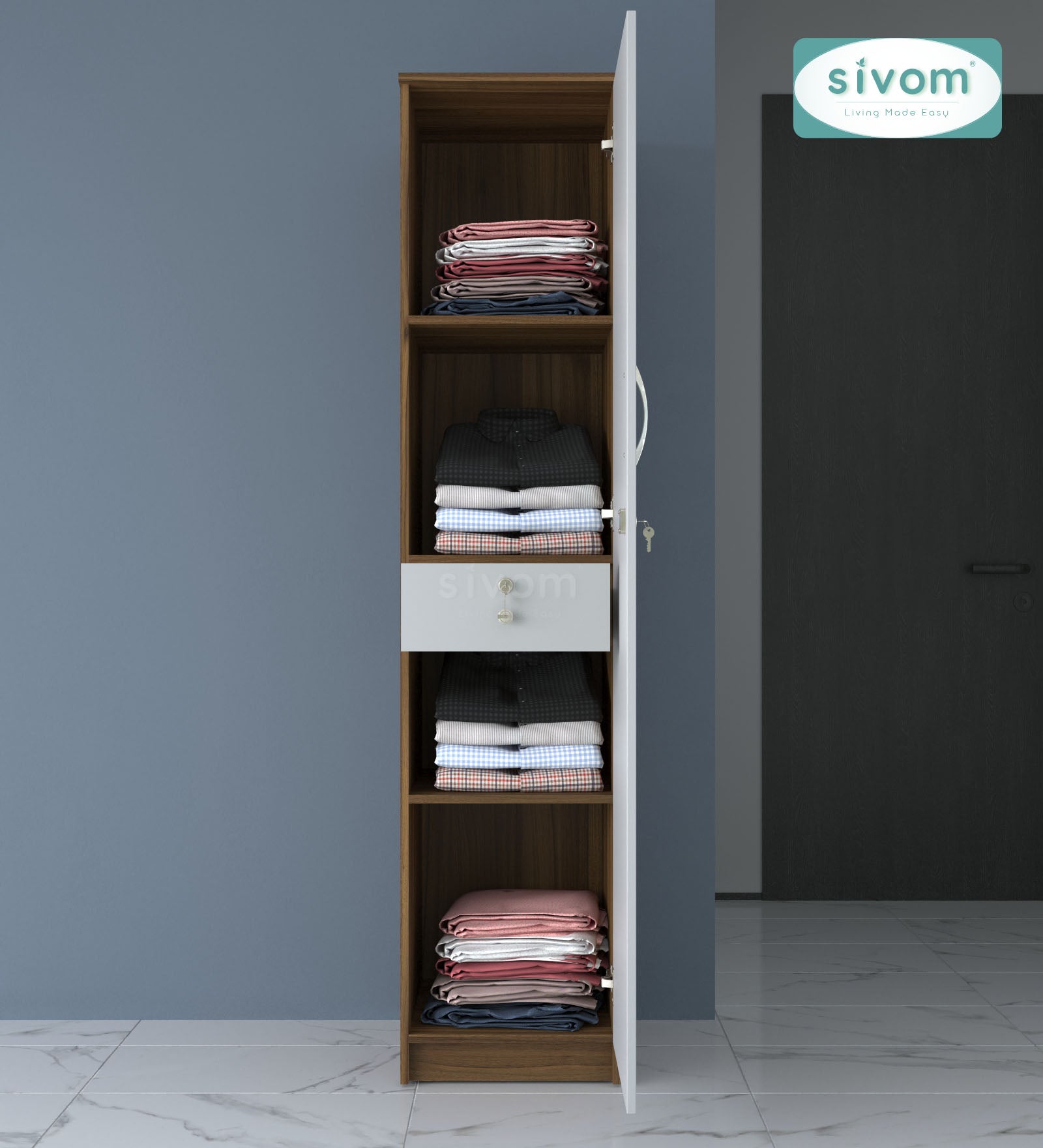 Sivom SIVOM JENNIFER Multipurpose 1 Door Wardrobe / Spacious 4 Shelves with Drawer Engineered Wood 1 Door Wardrobe for Modern Homes | Elegant Design & Premium Finish
