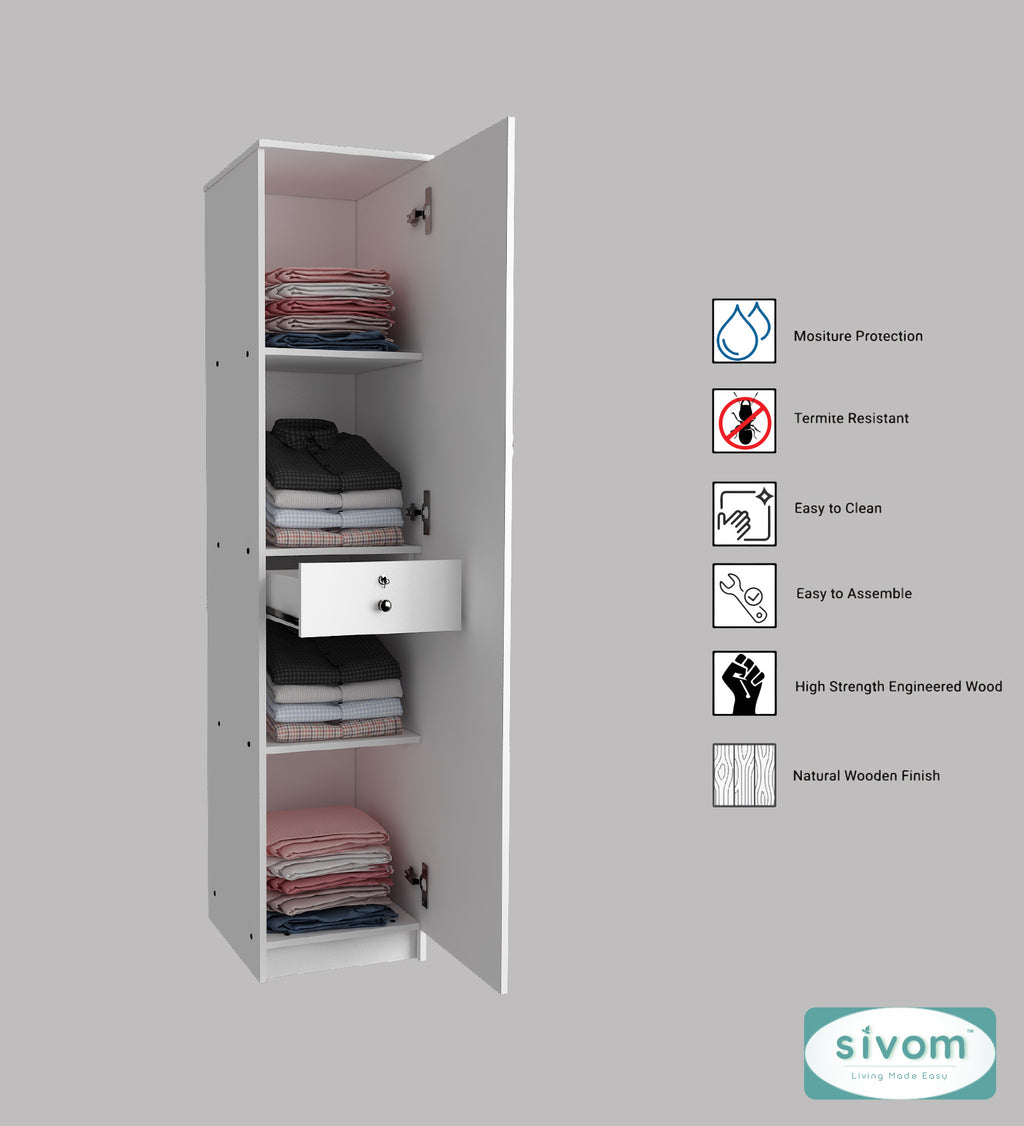 Sivom SIVOM JENNIFER Multipurpose 1 Door Wardrobe / Spacious 4 Shelves with Drawer Engineered Wood 1 Door Wardrobe for Modern Homes | Elegant Design & Premium Finish