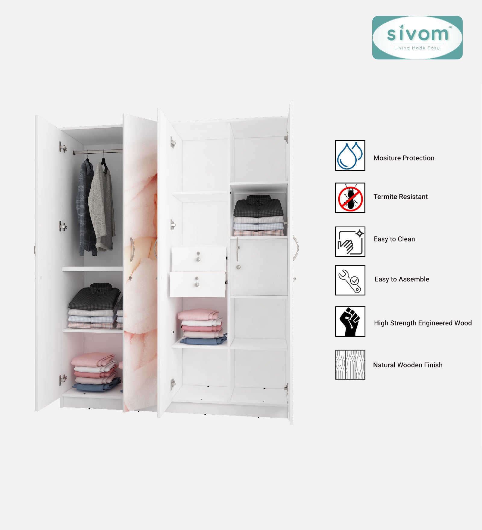 Sivom SIVOM Kiddle Digital Printed Multipurpose 4 Door Closet Engineered Wood 4 Door Wardrobe for Modern Homes | Elegant Design & Premium Finish