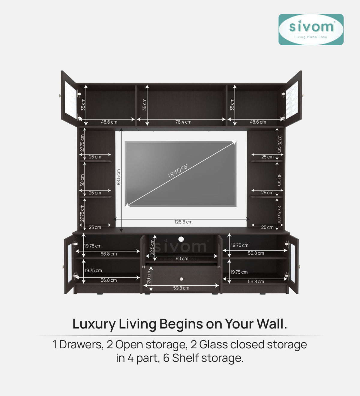 Sivom SIVOM LENIN Multipurpose TV Unit fits upto 43 inch with Storage Engineered Wood TV Entertainment Unit for Modern Homes | Elegant Design & Premium Finish