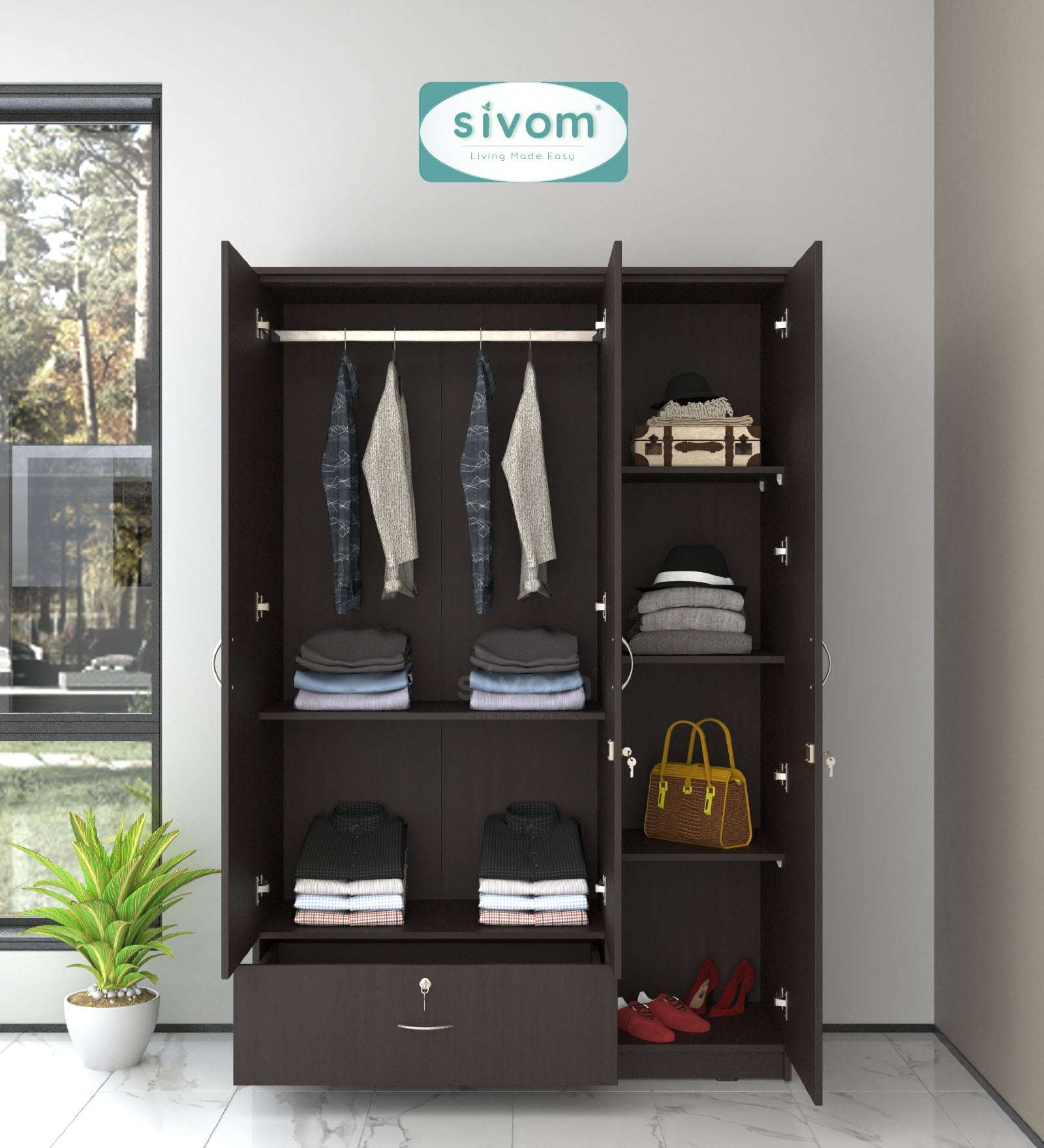 Sivom SIVOM Leo Multipurpose 3 Door Wardrobe / Spacious Shelves with Hanging Rail Engineered Wood 3 Door Wardrobe for Modern Homes | Elegant Design & Premium Finish