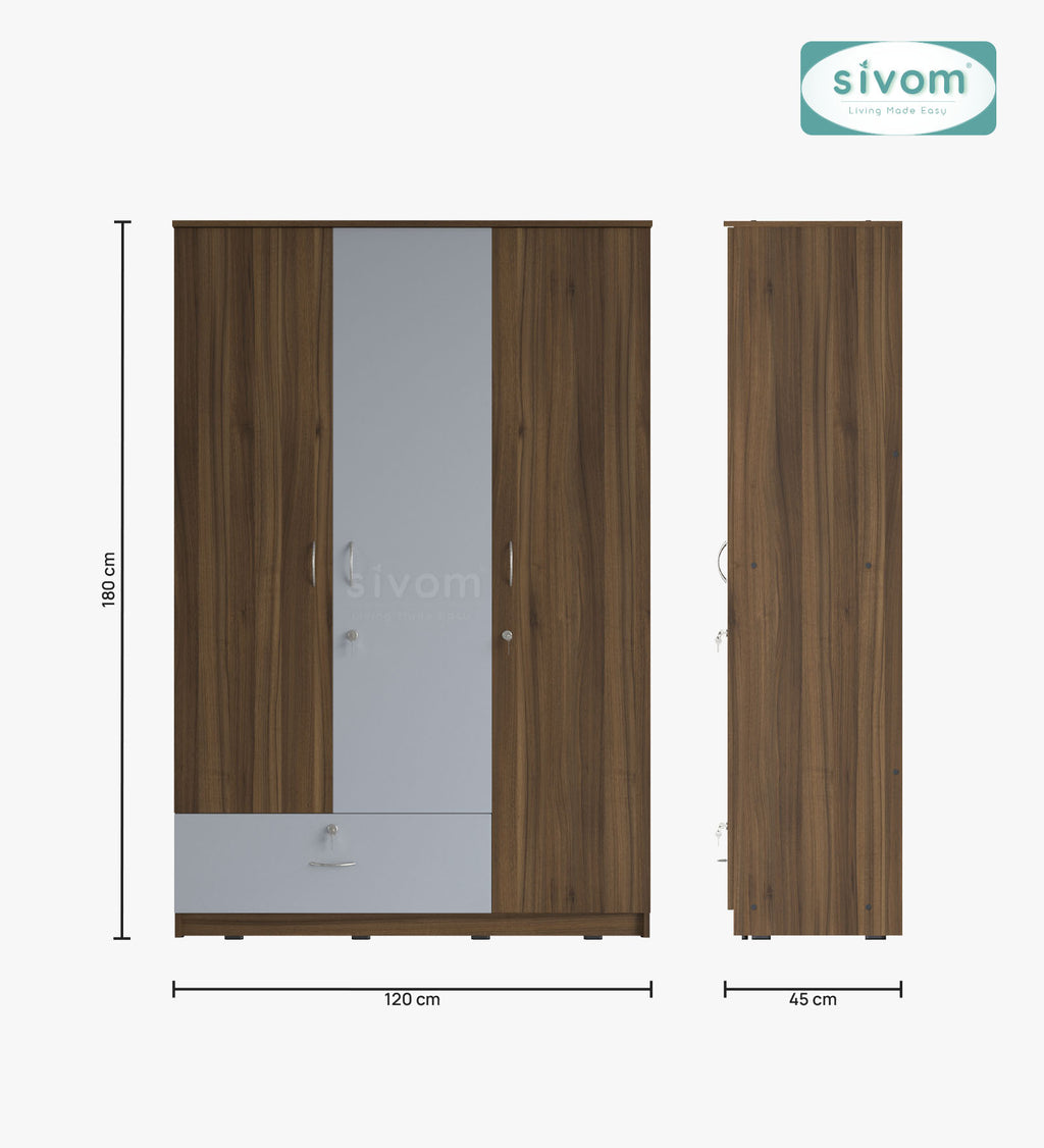 Sivom SIVOM Leo Multipurpose 3 Door Wardrobe / Spacious Shelves with Hanging Rail Engineered Wood 3 Door Wardrobe for Modern Homes | Elegant Design & Premium Finish