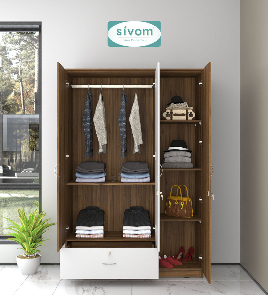Sivom SIVOM Leo Multipurpose 3 Door Wardrobe / Spacious Shelves with Hanging Rail Engineered Wood 3 Door Wardrobe for Modern Homes | Elegant Design & Premium Finish