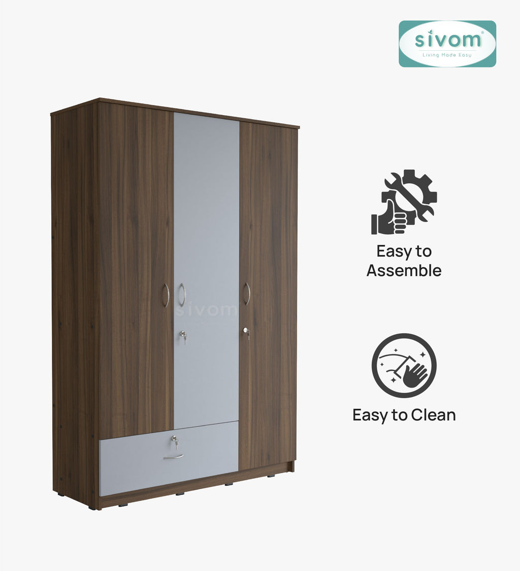 Sivom SIVOM Leo Multipurpose 3 Door Wardrobe / Spacious Shelves with Hanging Rail Engineered Wood 3 Door Wardrobe for Modern Homes | Elegant Design & Premium Finish
