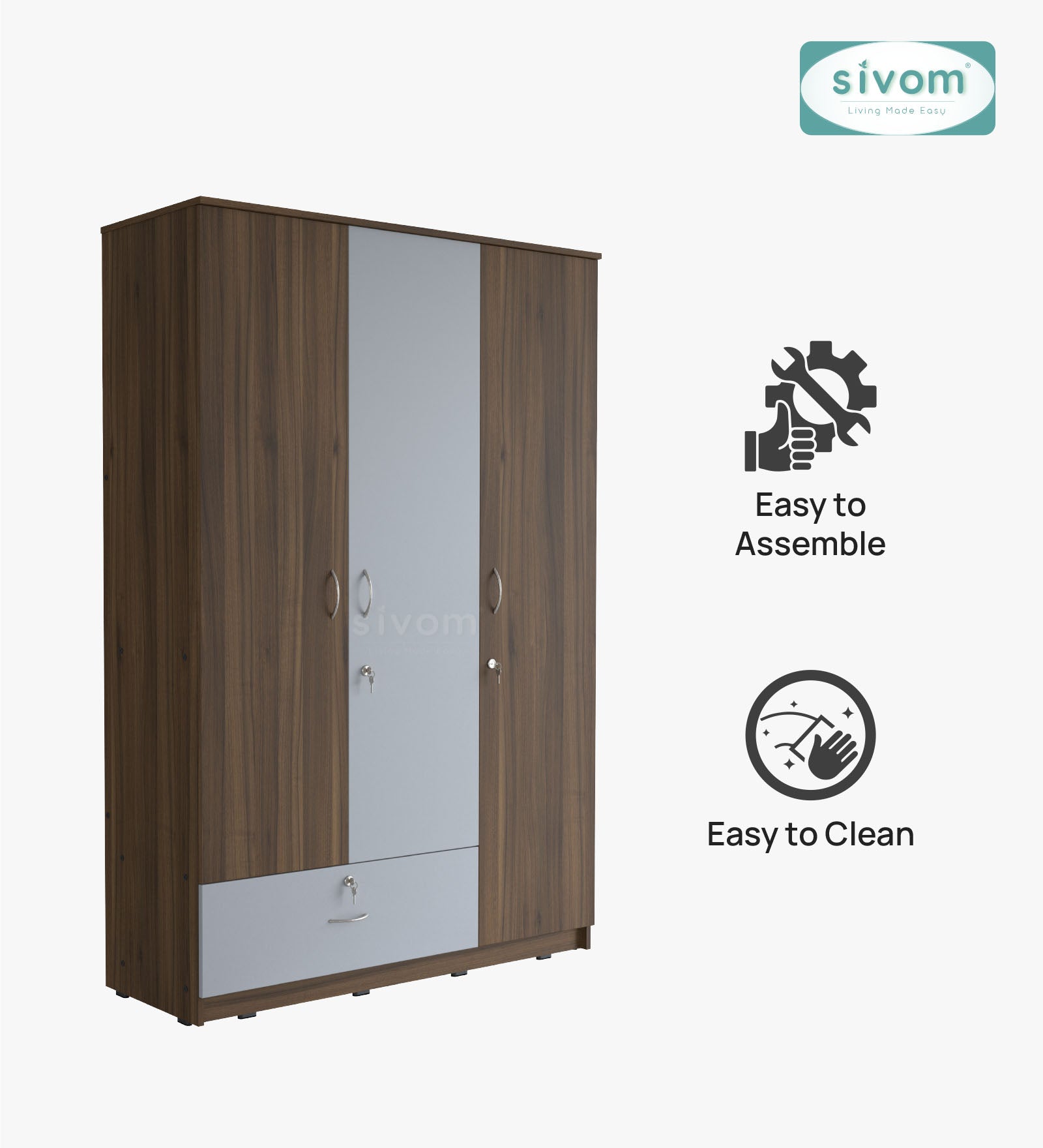 Sivom SIVOM Leo Multipurpose 3 Door Wardrobe / Spacious Shelves with Hanging Rail Engineered Wood 3 Door Wardrobe for Modern Homes | Elegant Design & Premium Finish